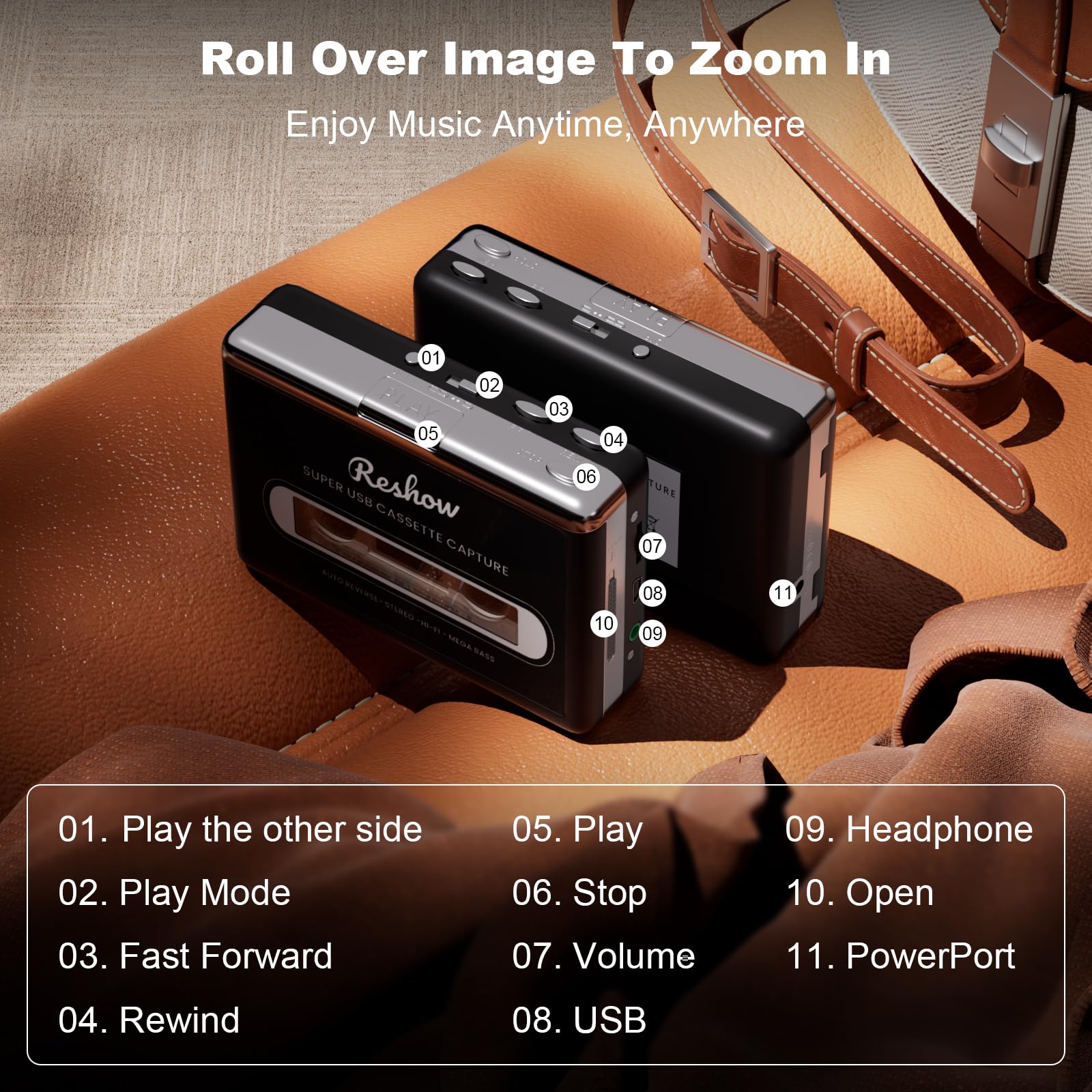 Reshow Lecteur de cassettes - Lecteur de cassettes portable - Convertisseur de cassettes audio analogiques vers numériques, compatible avec ordinateurs portables et ordinateurs personnels - Convertit