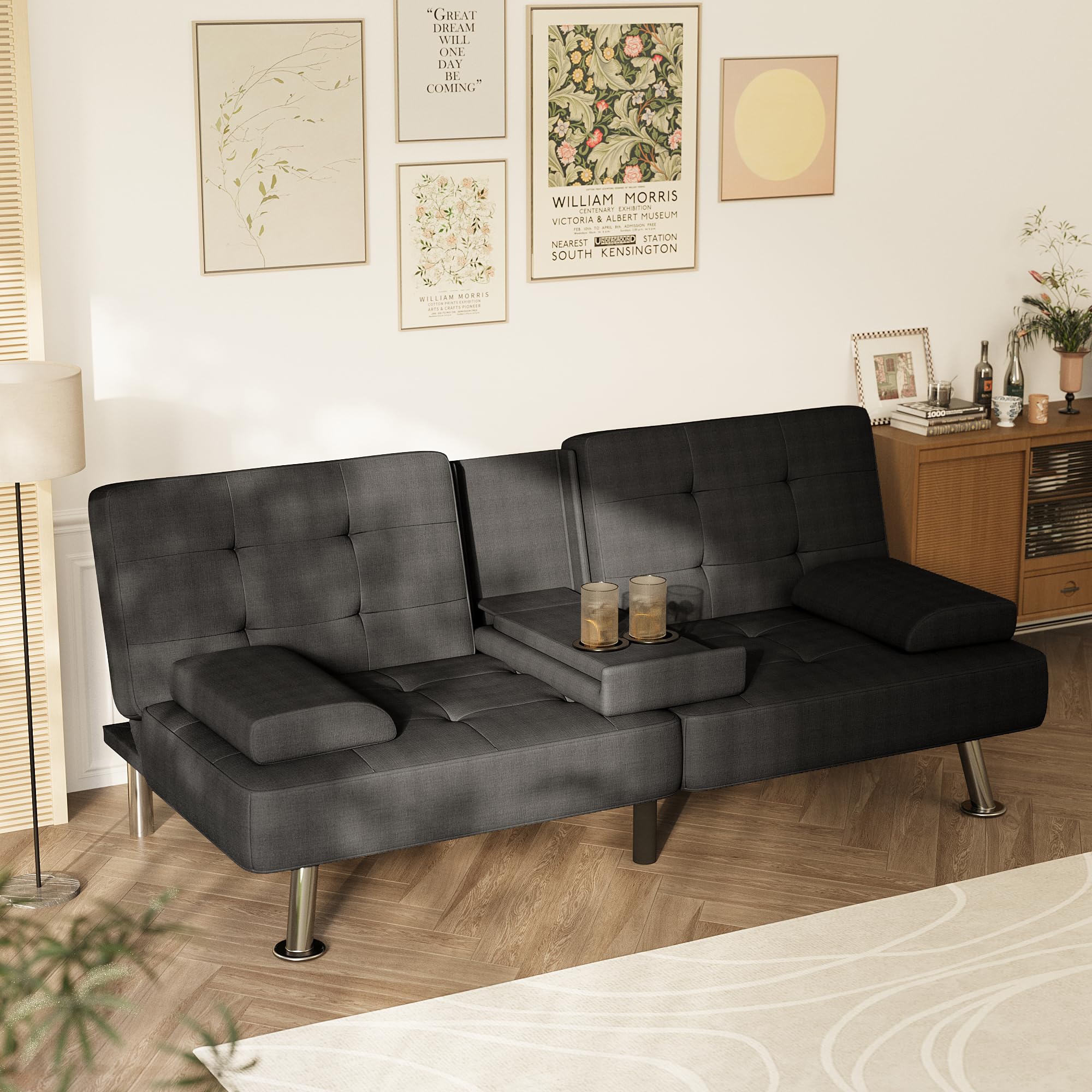 Homall Black Linen Futon Sofa Bed, Futon Couch for Living Room | Adjustable Recliner Sleeper Sofa with Removable Armrests & Dual Cup Holders, Futon Set for Apartment, Office