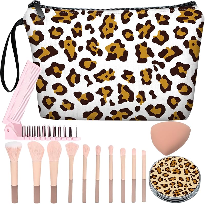 Necessaire de maquiagem JIEXAGEZOS com estampa de leopardo, espelho, kit com 10 pincéis, esponja rosa e pente dobrável
