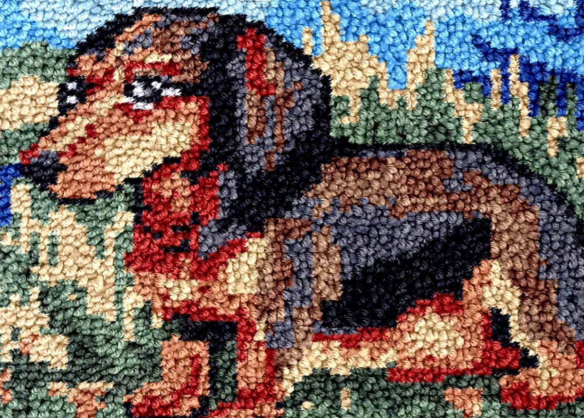 Dachshund Sausagedog Latch Hook Rug Kit for Adults DIY Carpet Cushion with Printed Canvas Crochet Yarn Craft Hook and Latch Tapestry for Floor Decoration Pets Warm Pads 52x38cm