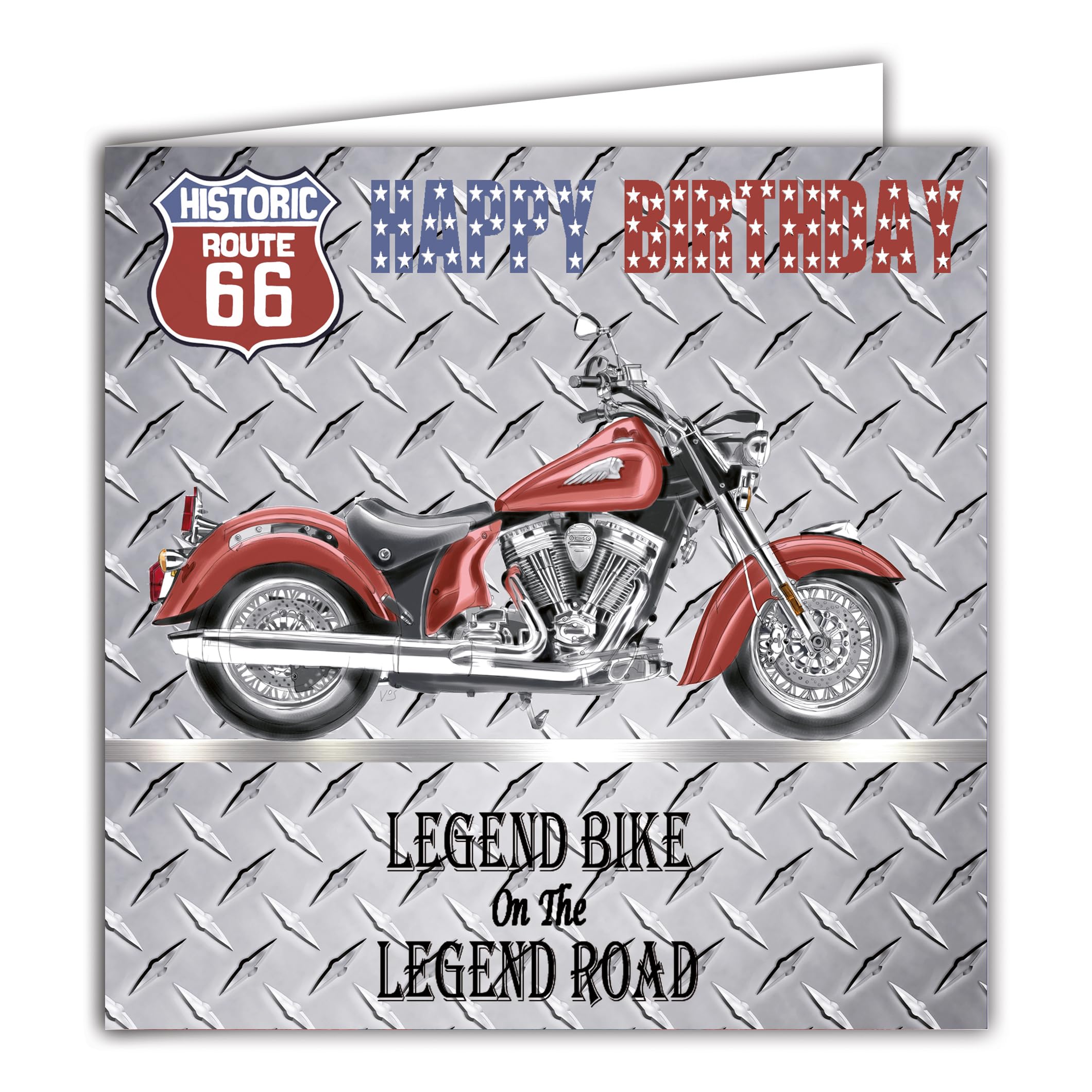 IETSCPMD6606 Happy Birthday Silver Square Card with White Envelope Format 15 x 15 cm Route 66 Historic Road R66 – Harley Davidson Motorcycle/Official Licence – White Interior – Made in France