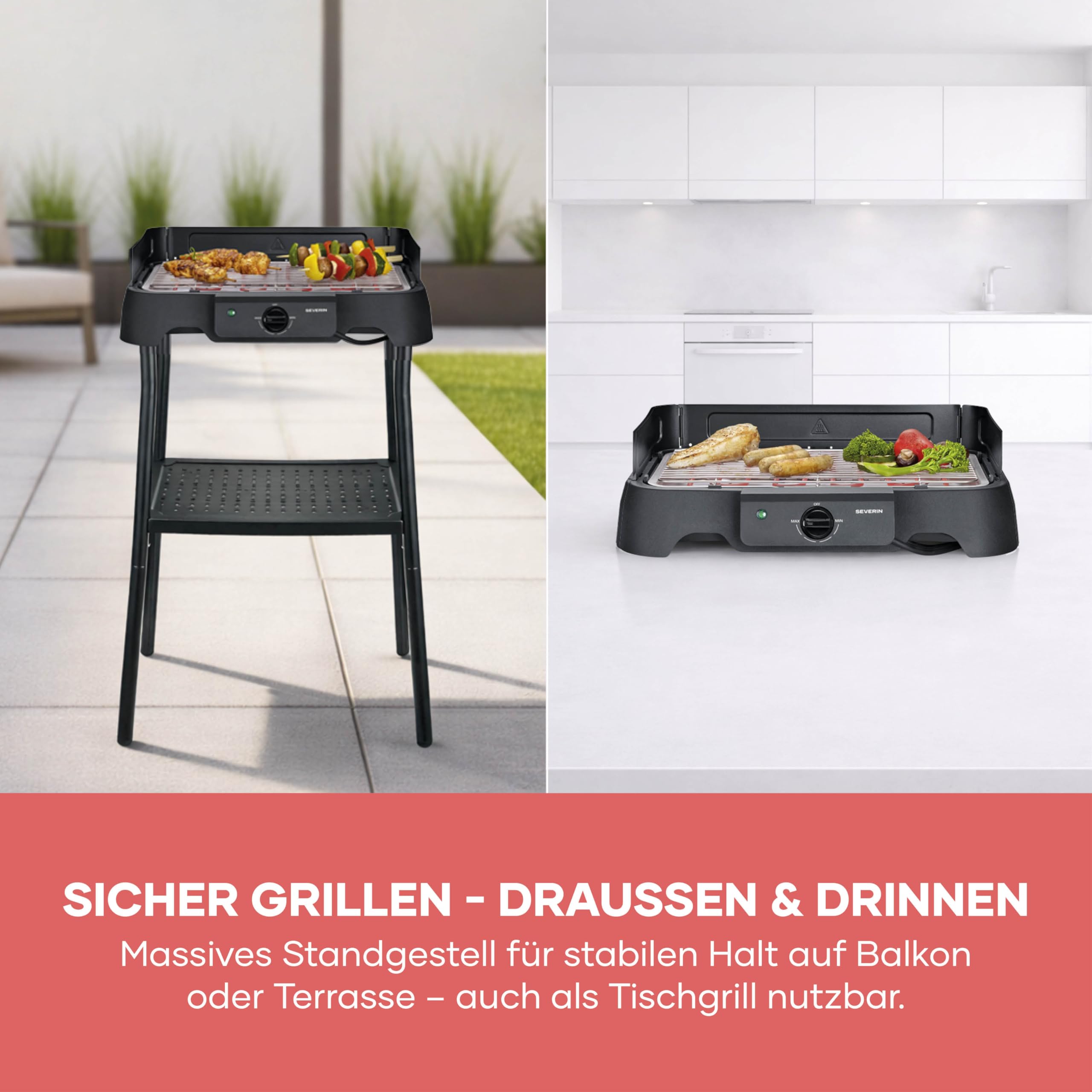 Severin Elektrogrill mit Standfuß, 2000W, 38x22cm, Edelstahl-Grillrost, schwarz