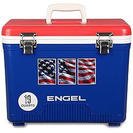Engel UC19-RWB 19 Quart Fishing Live Bait Dry Box Ice Cooler with Stain/Odor-Resistant Surface and Shoulder Strap, USE Red, White and Blue with American Flag