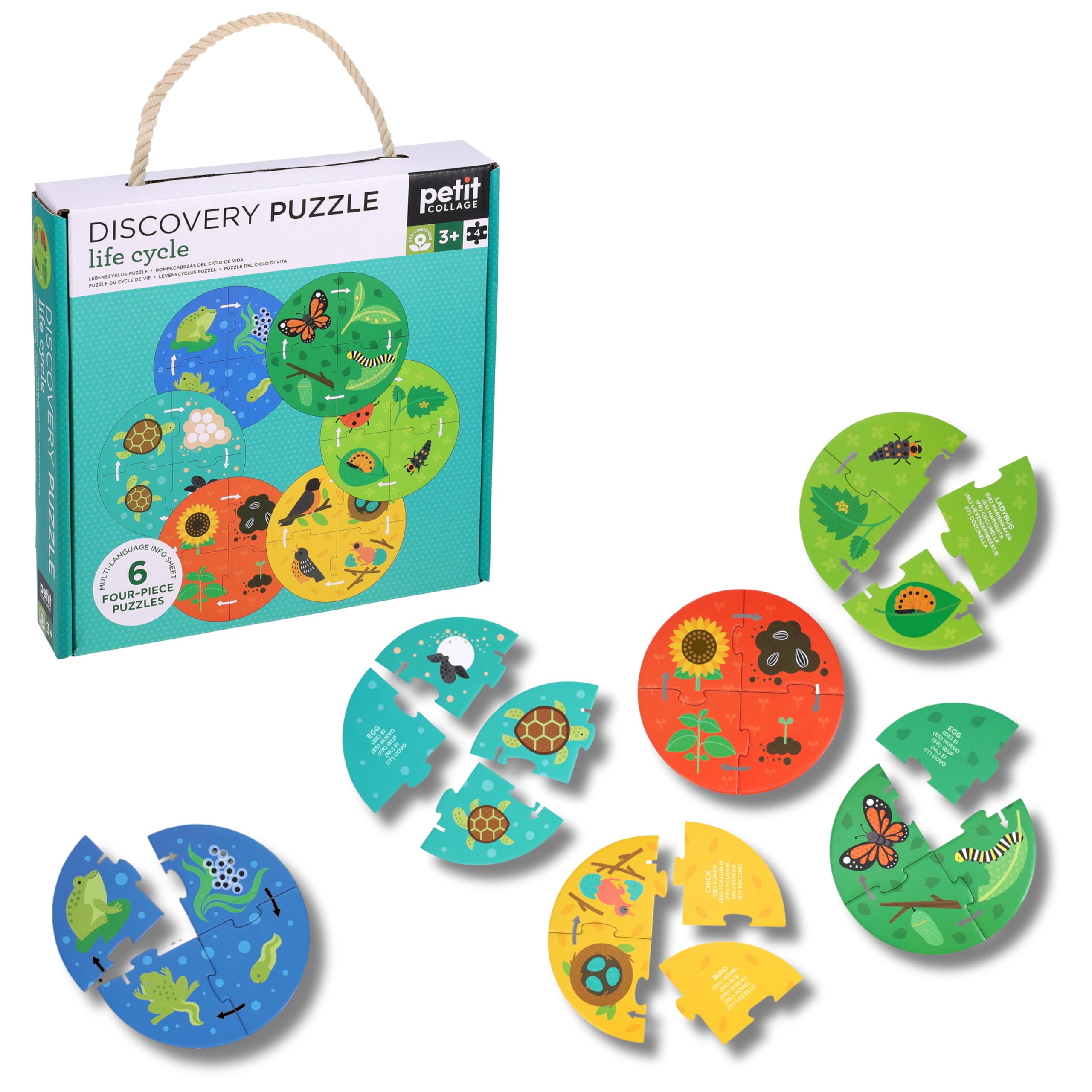 Petit Collage: Discovery Life Cycle Mini Puzzles - Contains 6 Mini Puzzles with 4 Pieces Each and Multi-Language Info Sheet - Show Life Cycle for Different Animals - Great Gift for Children 3+