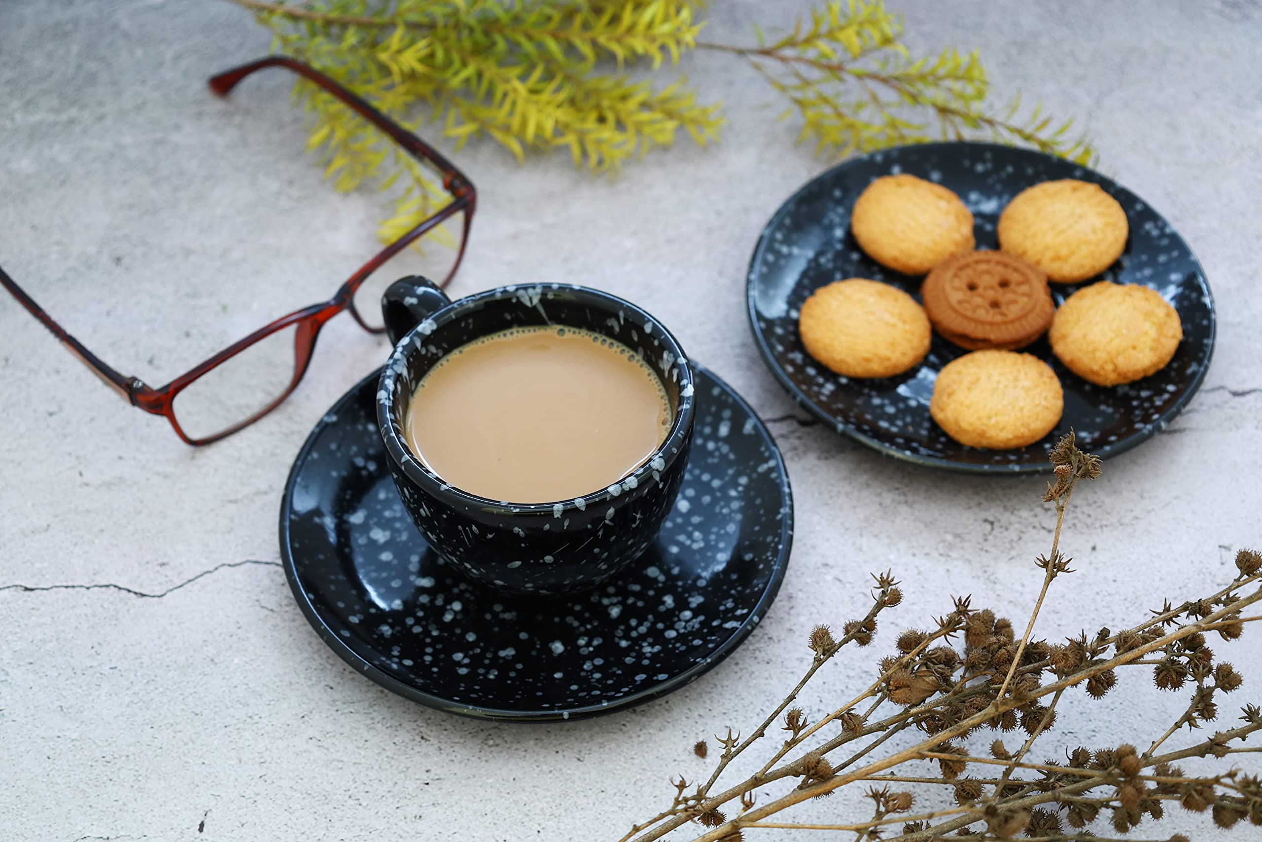 Delmar Barista Ceramic Cup & Saucer- Reusable, Lightweight & Eco-Friendly - Microwave, Freezer & Dishwasher Safe - Set of 4 (180ml Each) (Black Glossy Speckle)