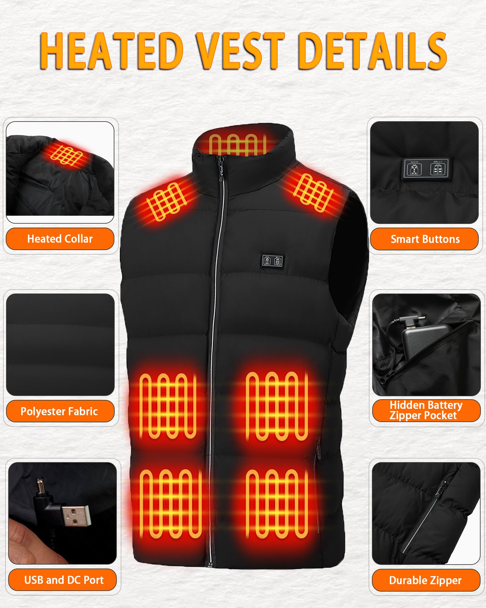Gilet riscaldato elettrico da uomo: gilet riscaldato USB con 3 temperature regolabili, 15 zone di riscaldamento, batteria da 16000 mAh, giacca riscaldante invernale calda per attività all'aperto