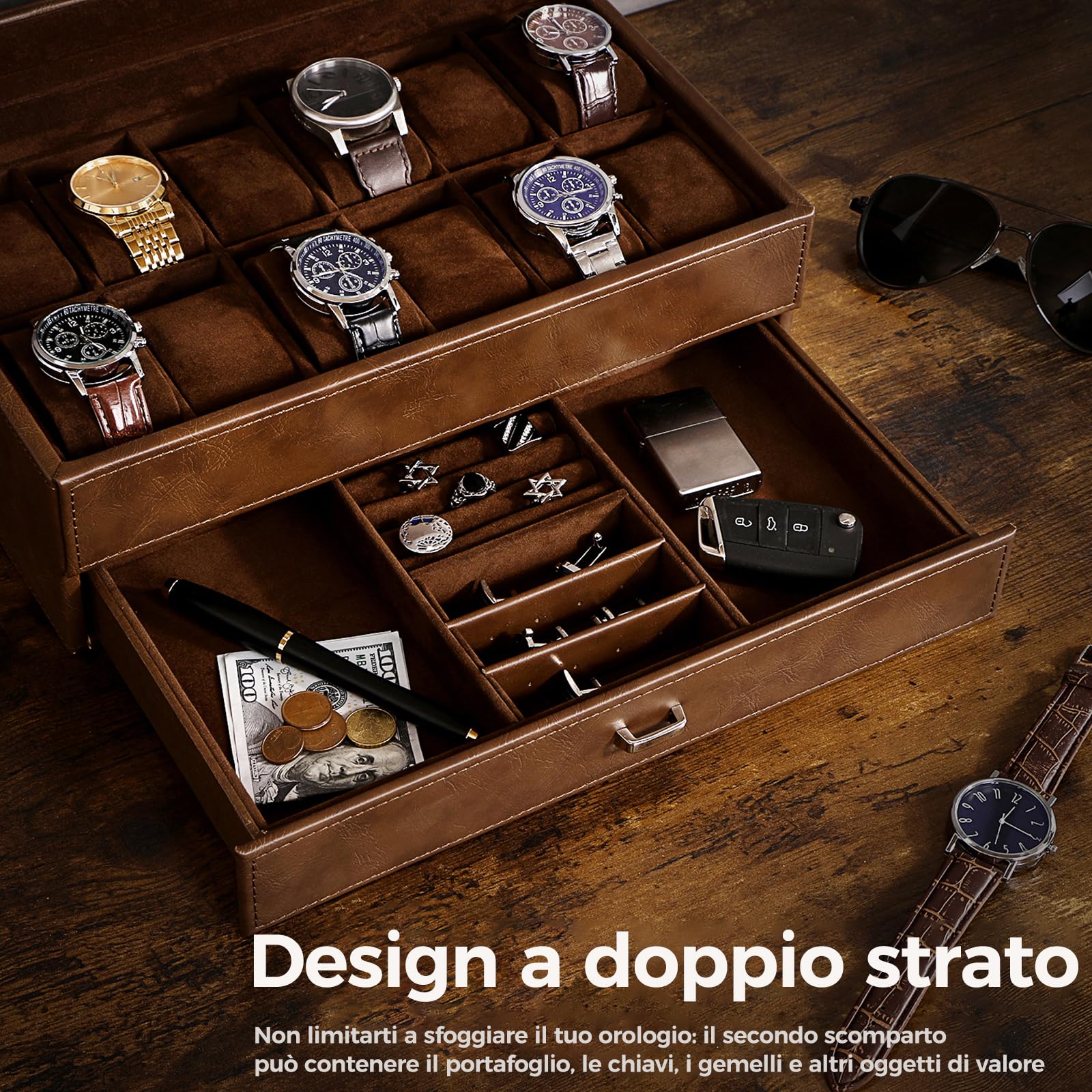 BEWISHOME Porta Orologi a 12 Scomparti, Porta Orologi Uomo a 2 Livelli, Un Classico Scatola Orologi, Cuscino per Orologio Rimovibile, Fodera in Velluto, Idea Regalo Marrone