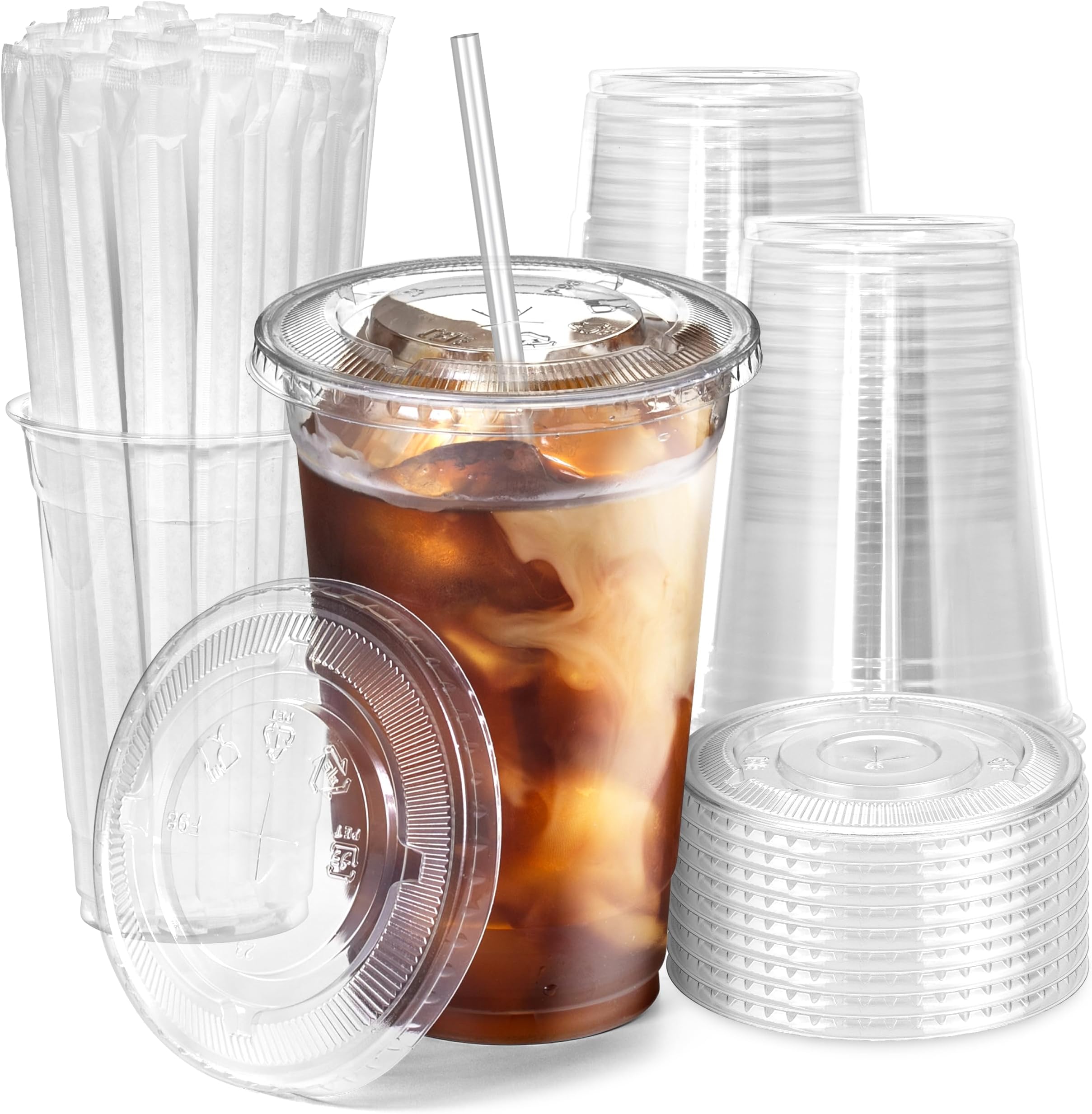Fit Meal Prep 100 Pack 20 oz Plastic Iced Coffee Cups with Flat Lids and Clear Straws, Disposable Clear Cup, BPA Free Cup for Party, Smoothie, Cold Drinks, Juice, Milkshake, Bubble Boba, Tea