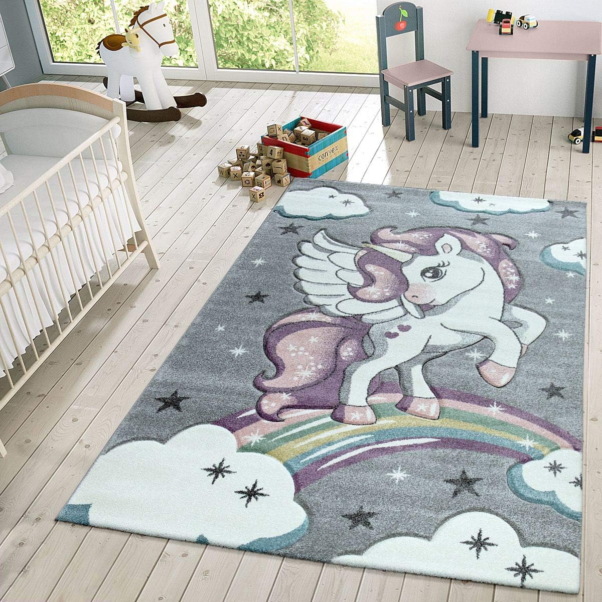 Paco Home Kids Rug Cute Unicorn on Rainbows and Stars in Pink, Size: 4'7" x 6'7"