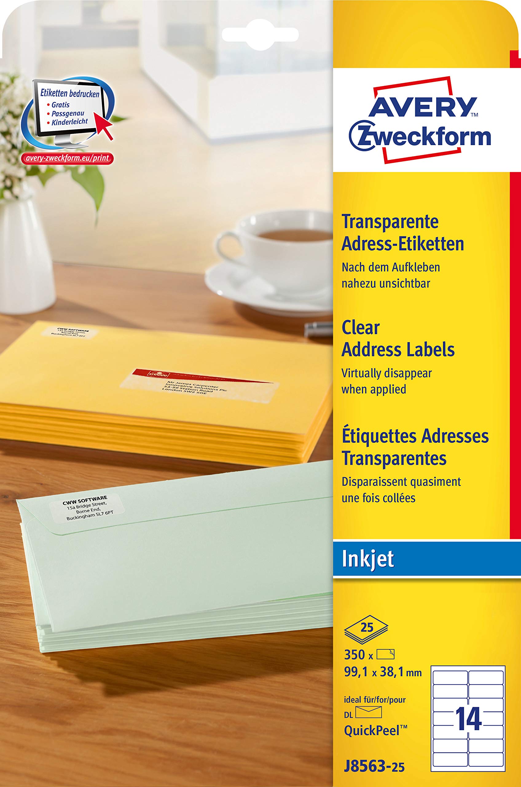 Avery Zweckform J8563-25 Transparent Address Labels 99.1 x 38.1 mm 25 Sheets