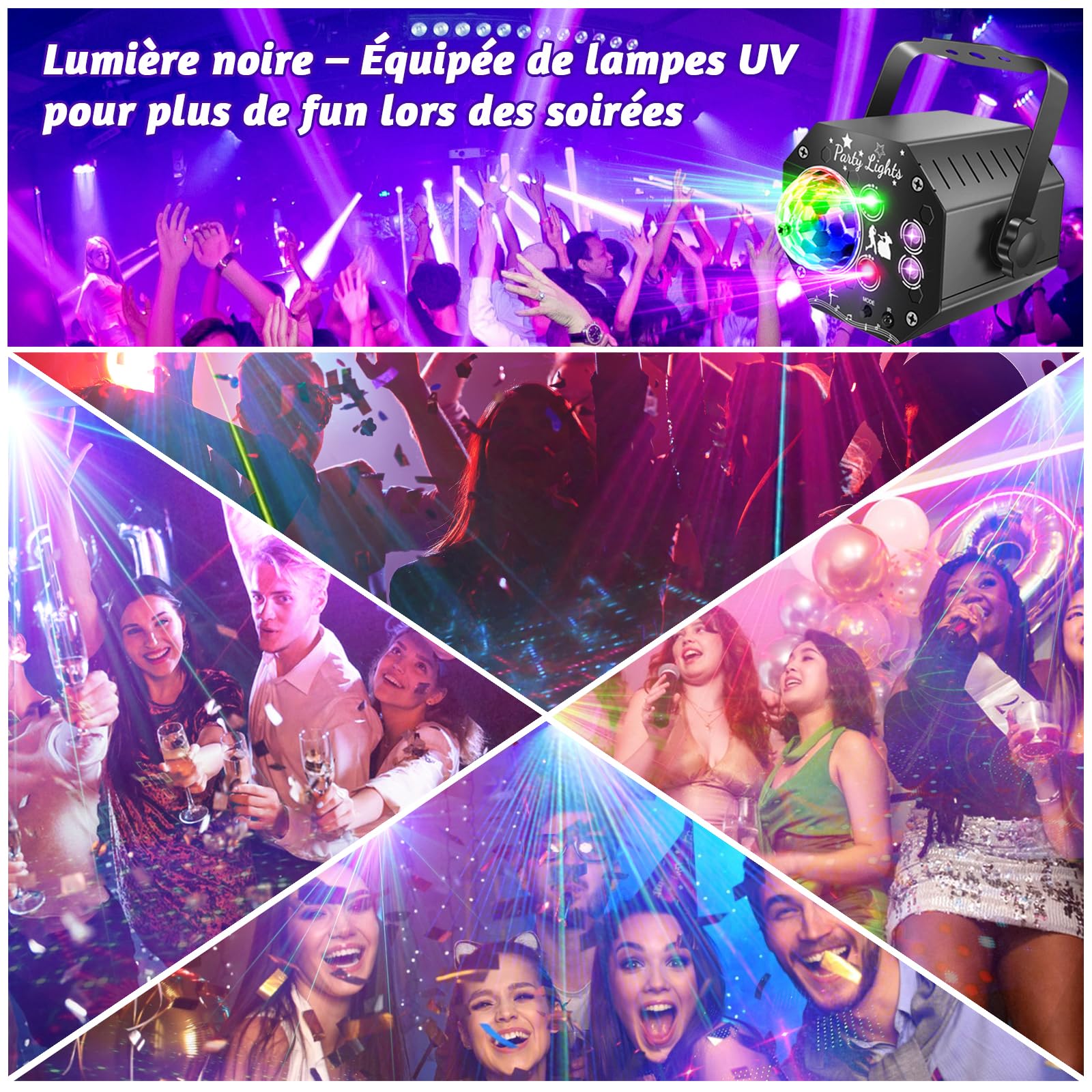 Lampe de Scène avec Télécommande, Rotative 360° Boule Disco avec Stroboscope, 64 Modes RGB UV, Lumière Disco Contrôlée par Musique, Lumiere Soirée avec 2m Câble USB pour Halloween, Noël, Club