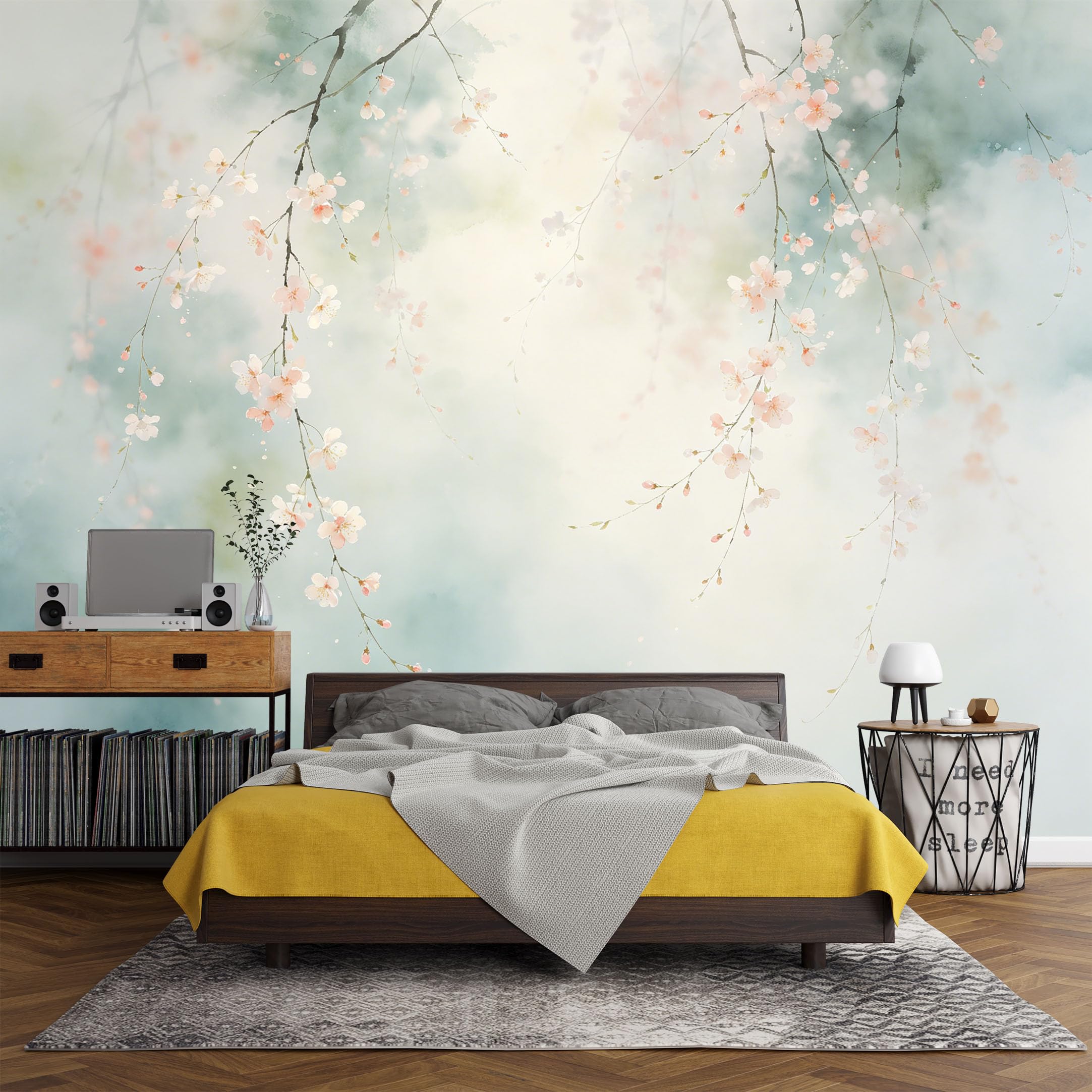 Custom Size Wall Mural Botanical Sakura Cherry Blossom Watercolor Painting Nature Aesthetic SelfAdhesive Art Prints wall Fabric（No PVC） Removable Wallpaper Living Room Decor