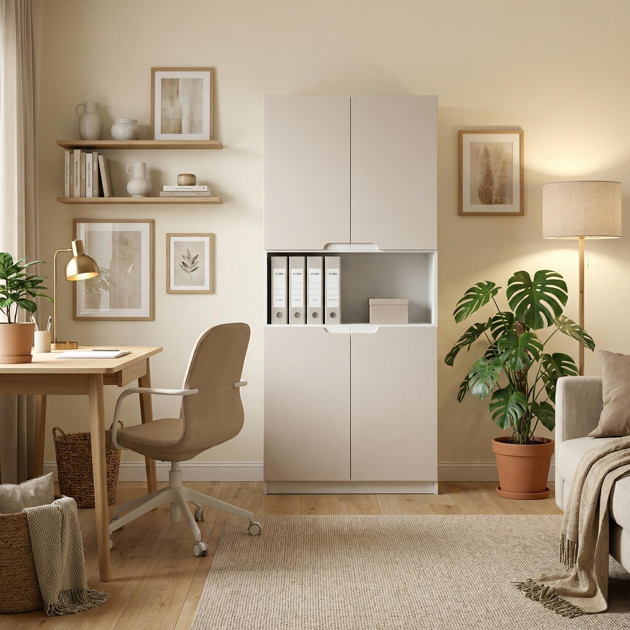 Vladon Büroschrank Logan V2, Made in Germany, Aktenschrank mit 5 Fächern und 4 Türen, Weiß matt/Cashmere (82 x 184 x 37 cm)