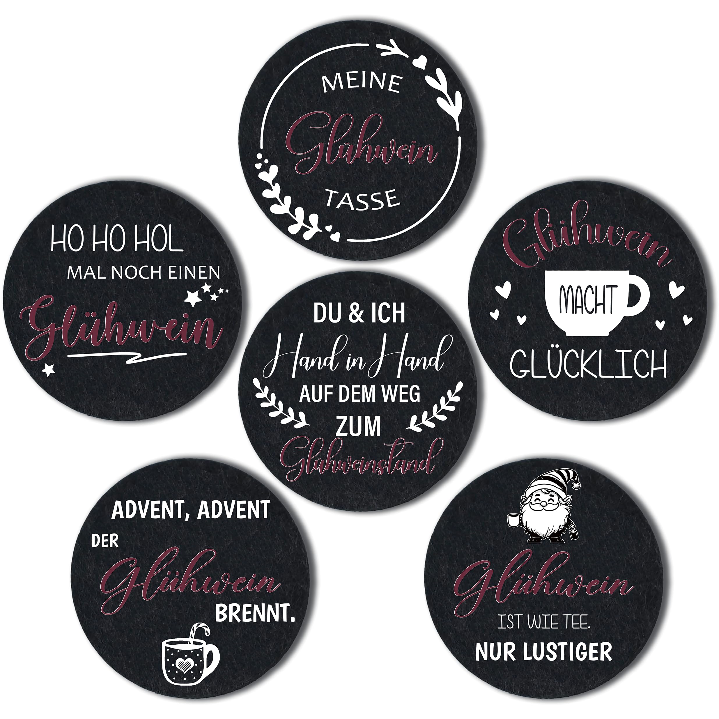 WangsLICHT Filz-Untersetzer „Glühwein Sprüche“ – 6er Set mit Geschenkverpackung | rutschfest & hitzebeständig | Geschenk für Glühweinliebhaber | handgemacht in Deutschland (Glühweinsprüche)