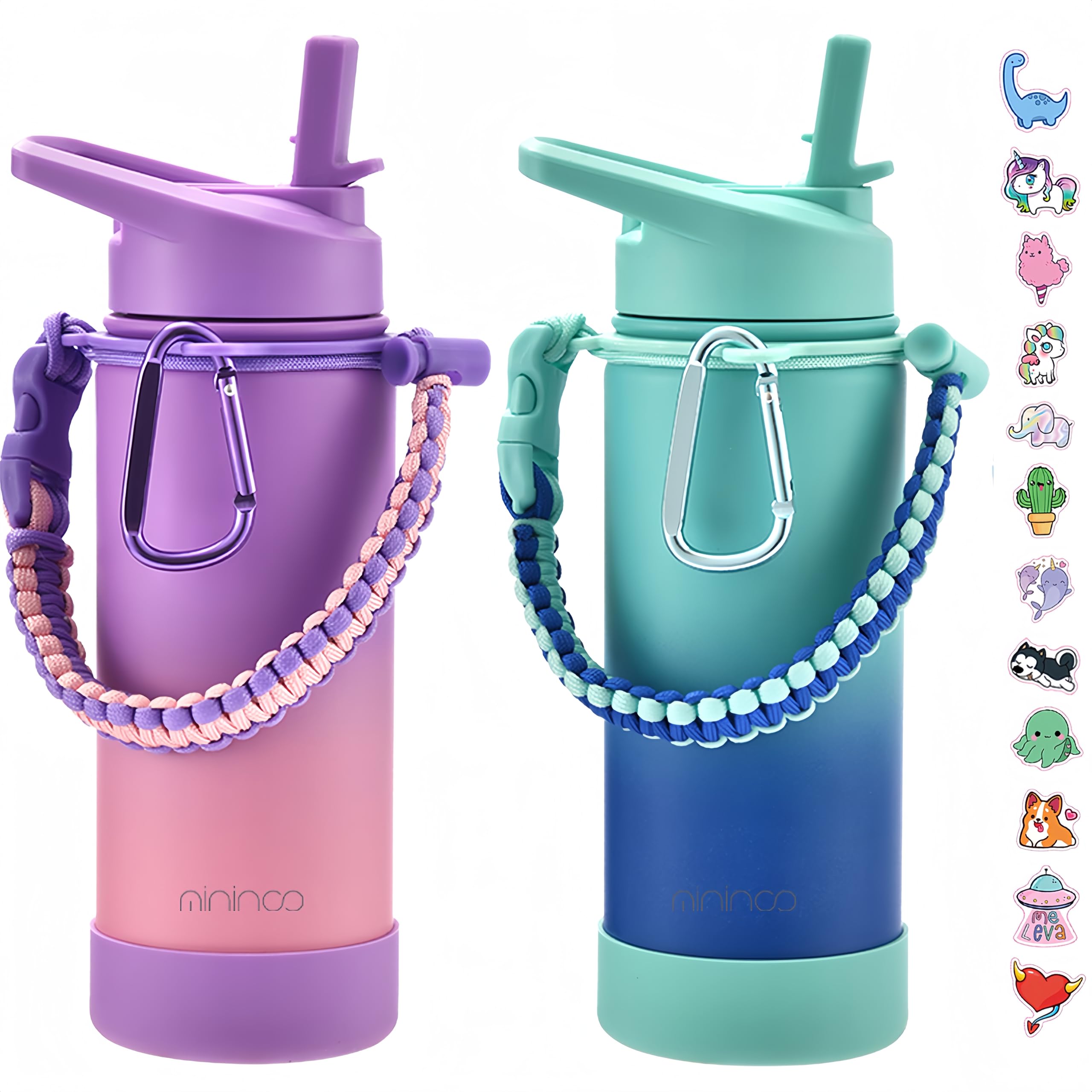 Mininoo Kids Water Bottle for School 16oz Stainless Steel Insulated Water Bottle Kids with Paracord Handle for Girls