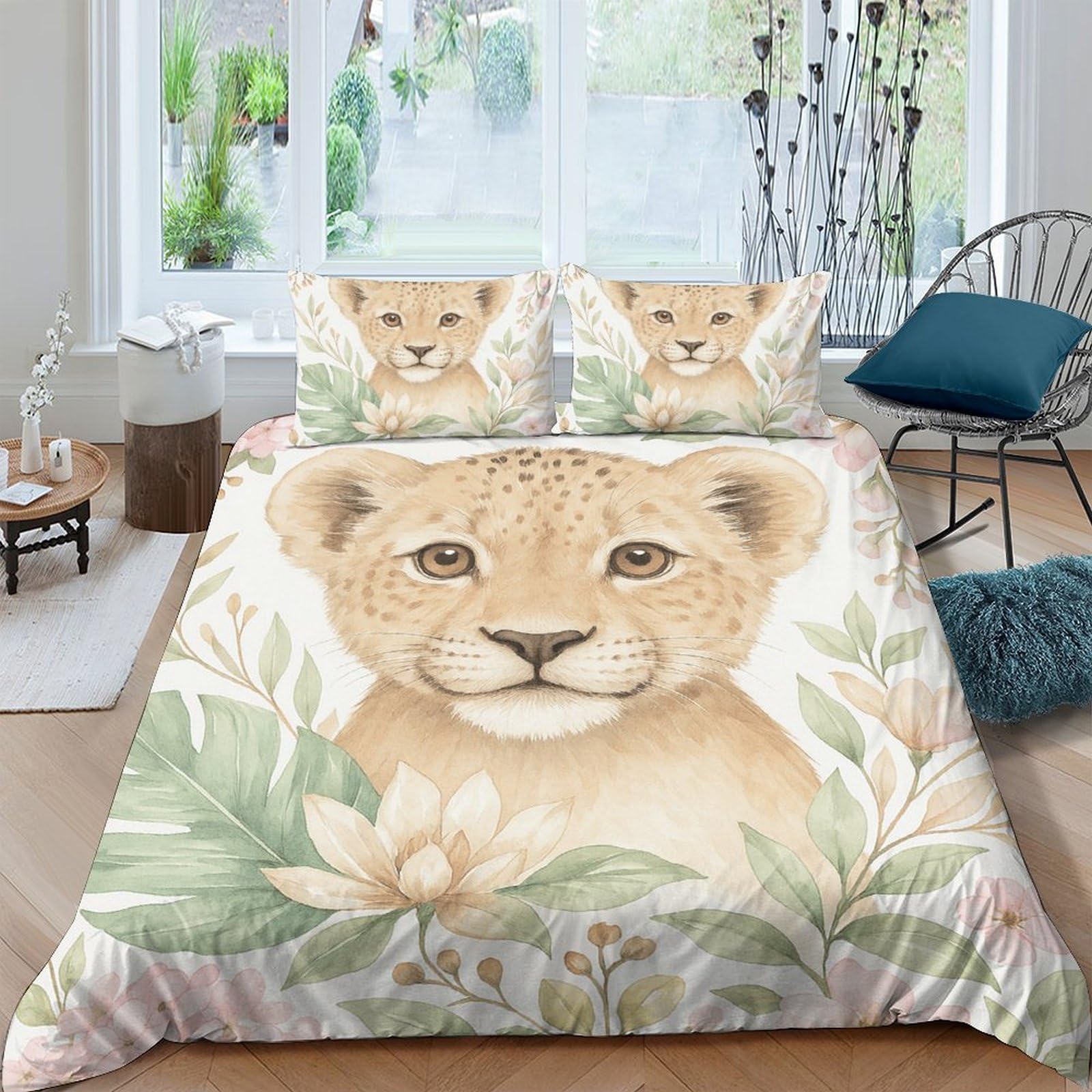 Ctjqhvkz Style-9 3D Printed Lion Cub Fitted Sheet Microfiber Soft Beige Jungle Floral Bed Sheet For Bedroom Guest Room Decor Single（135X200cm）