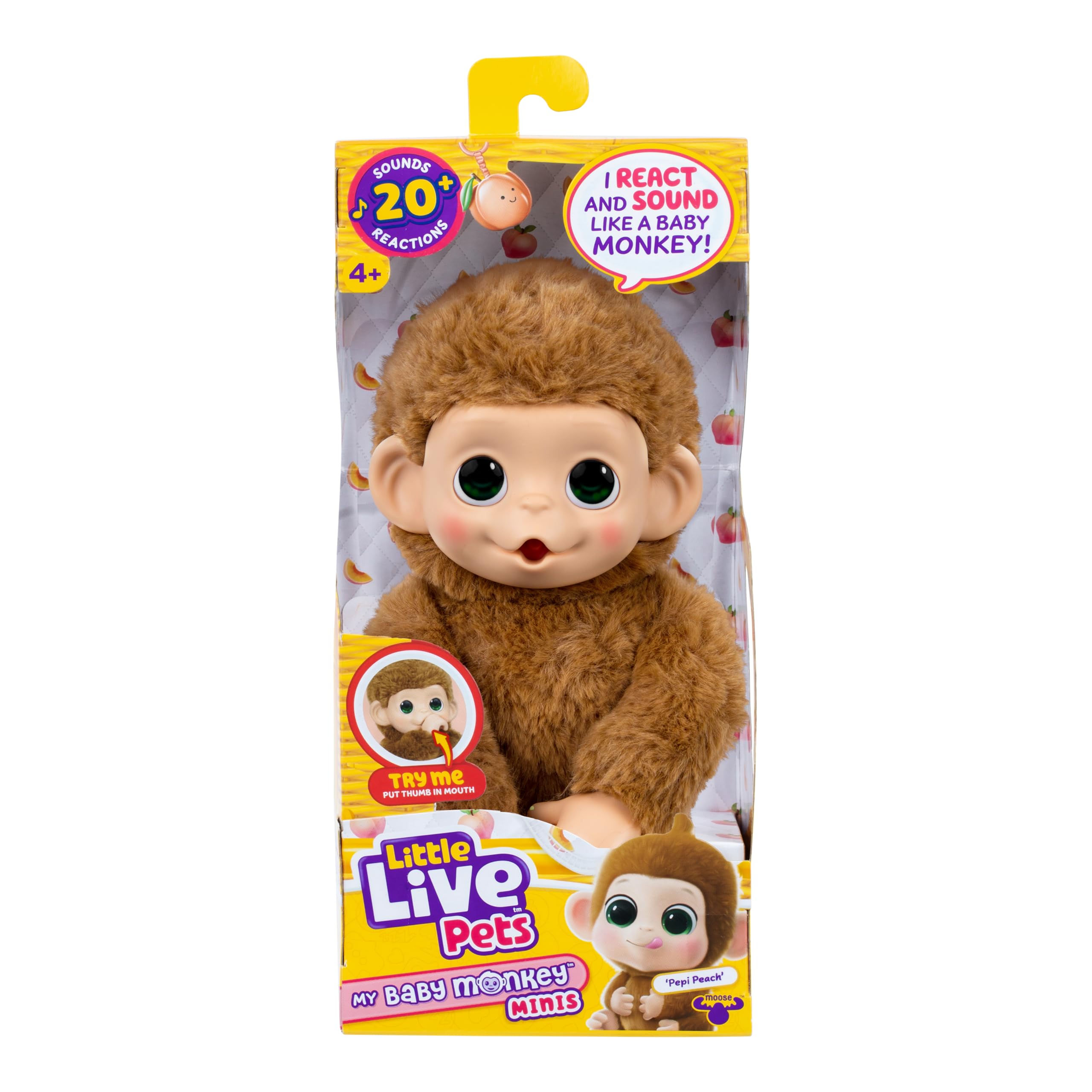 Little Live Pets Baby Monkey Minis - Pepi Peach. Interaktywna zabawka dla zwierząt domowych. Ponad 20 dźwięków i reakcji. Miękkie brązowe futro, 18,8 cm wysokości. Super realistyczny. Karmić