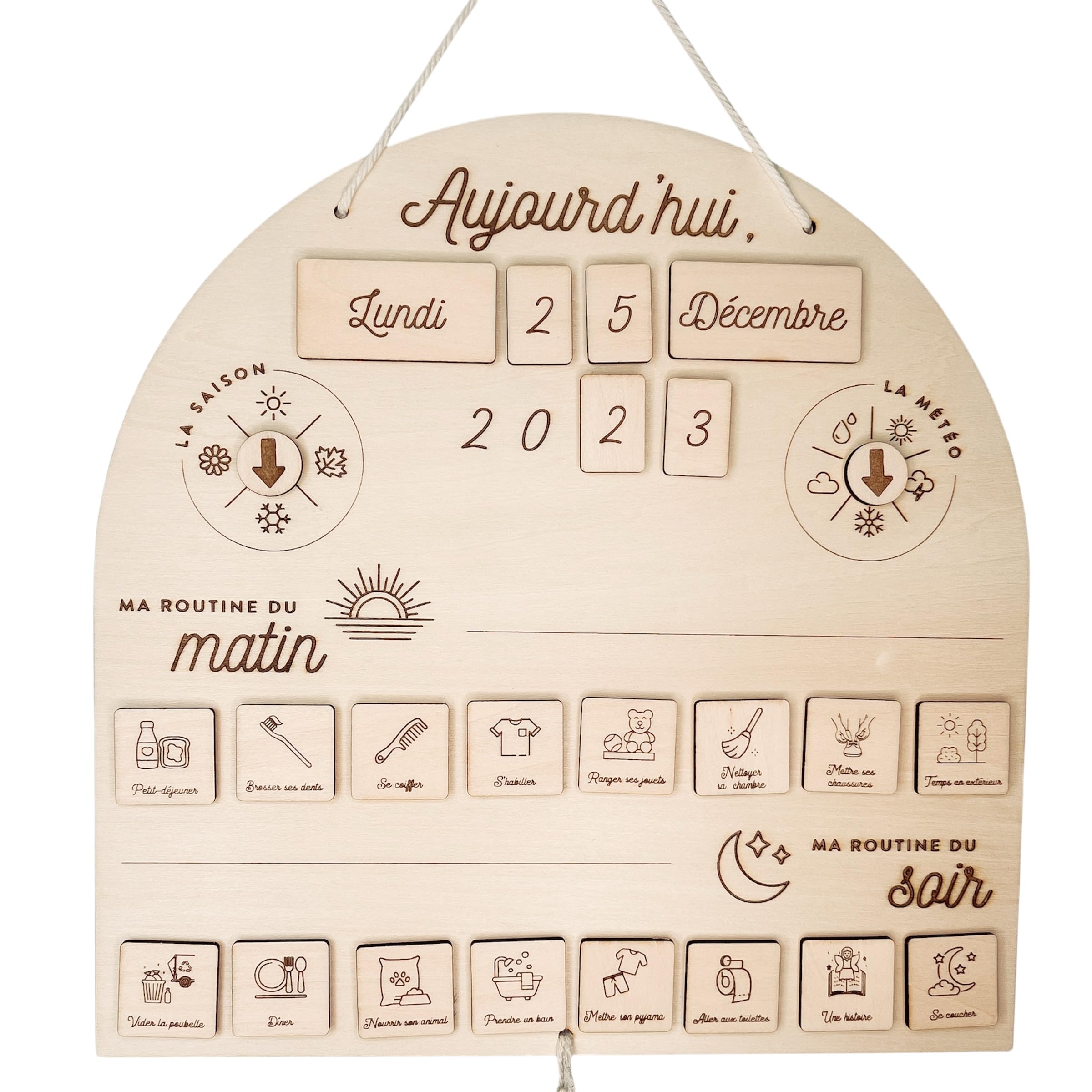 Tableau de Routine Quotidienne en Bois pour Enfants, Calendrier Perpétuel avec Activités du Matin et du Soir, Panneau Éducatif Gravé