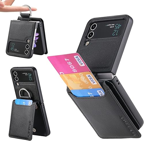 Asuwish Funda de teléfono para Samsung Galaxy Z Flip 3 5G 2021 con ranura para tarjetas, funda tipo cartera y soporte de anillo, accesorios móviles