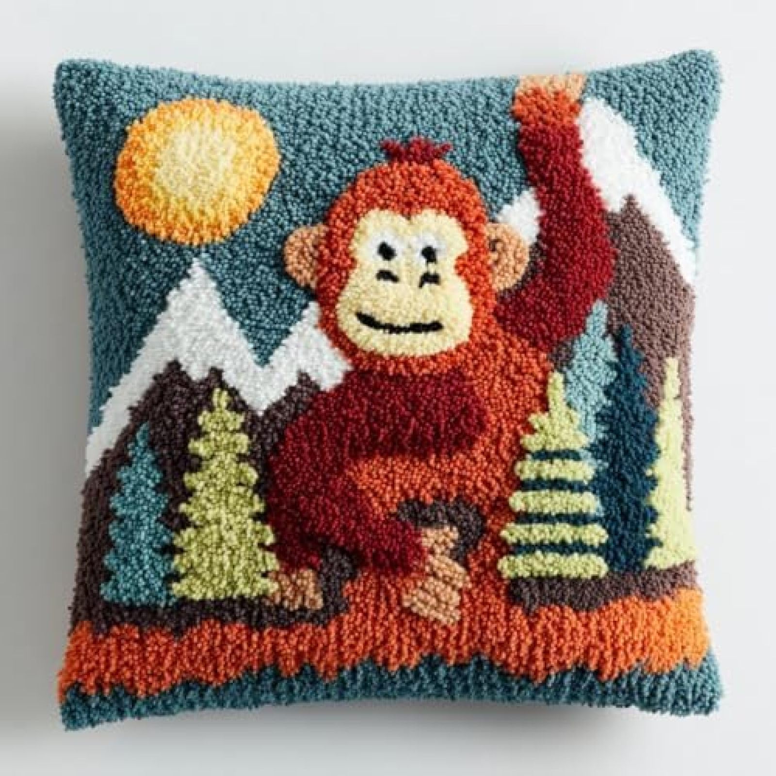 kitphoenix DIY Latch Hook Cushion Kit Orangutan and Mountains,Beginner-Friendly Rug Hooking Pillow Kit,Crochet Craft Cushion Cover for Home Decor,43x43 cm