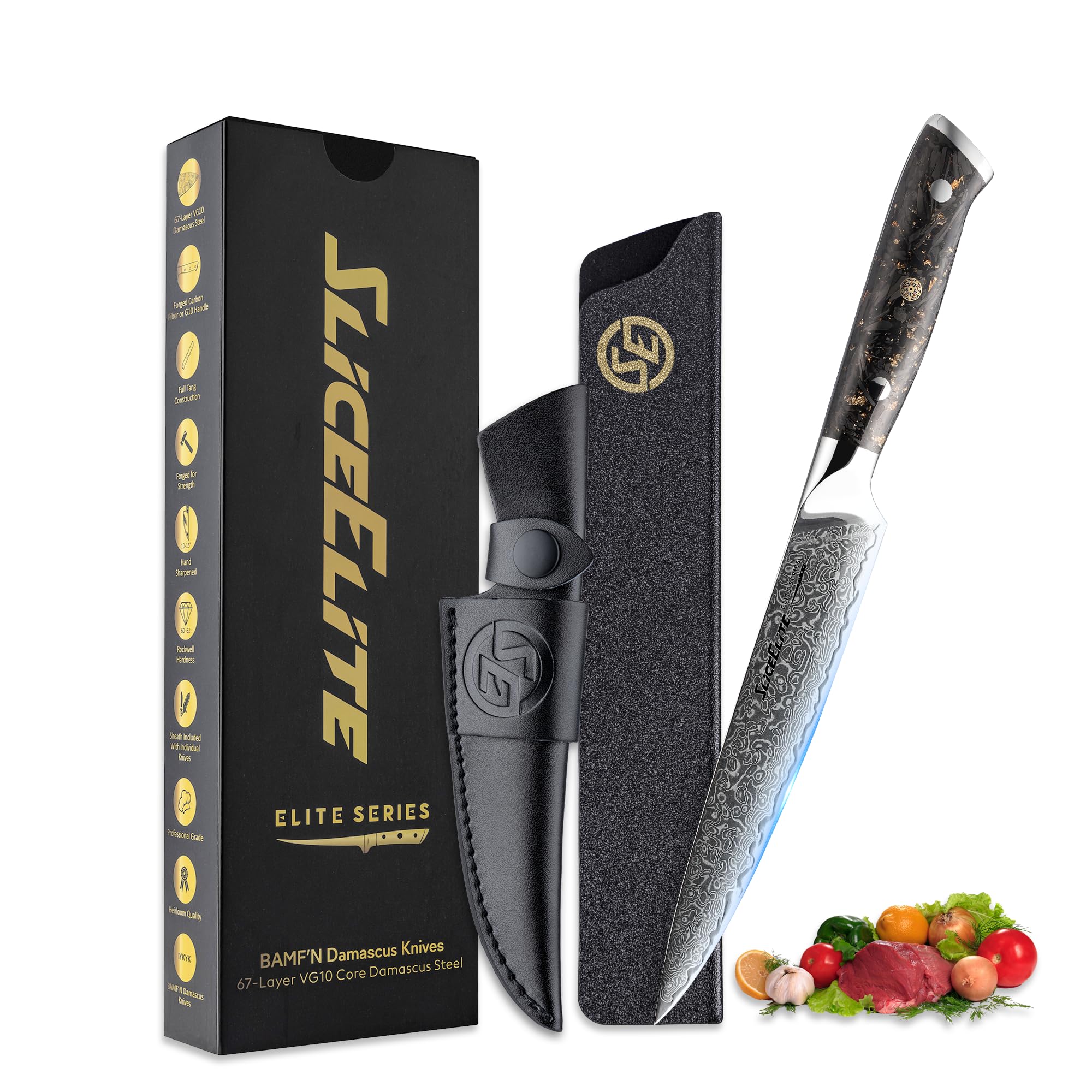 SliceElite Elite Series 5-Inch Damascus Utility Knife – VG10 Steel Blade with Handles Option, Dual Sheaths, and Polishing Cloth (Utility Knife (Carbon Fiber Handle))