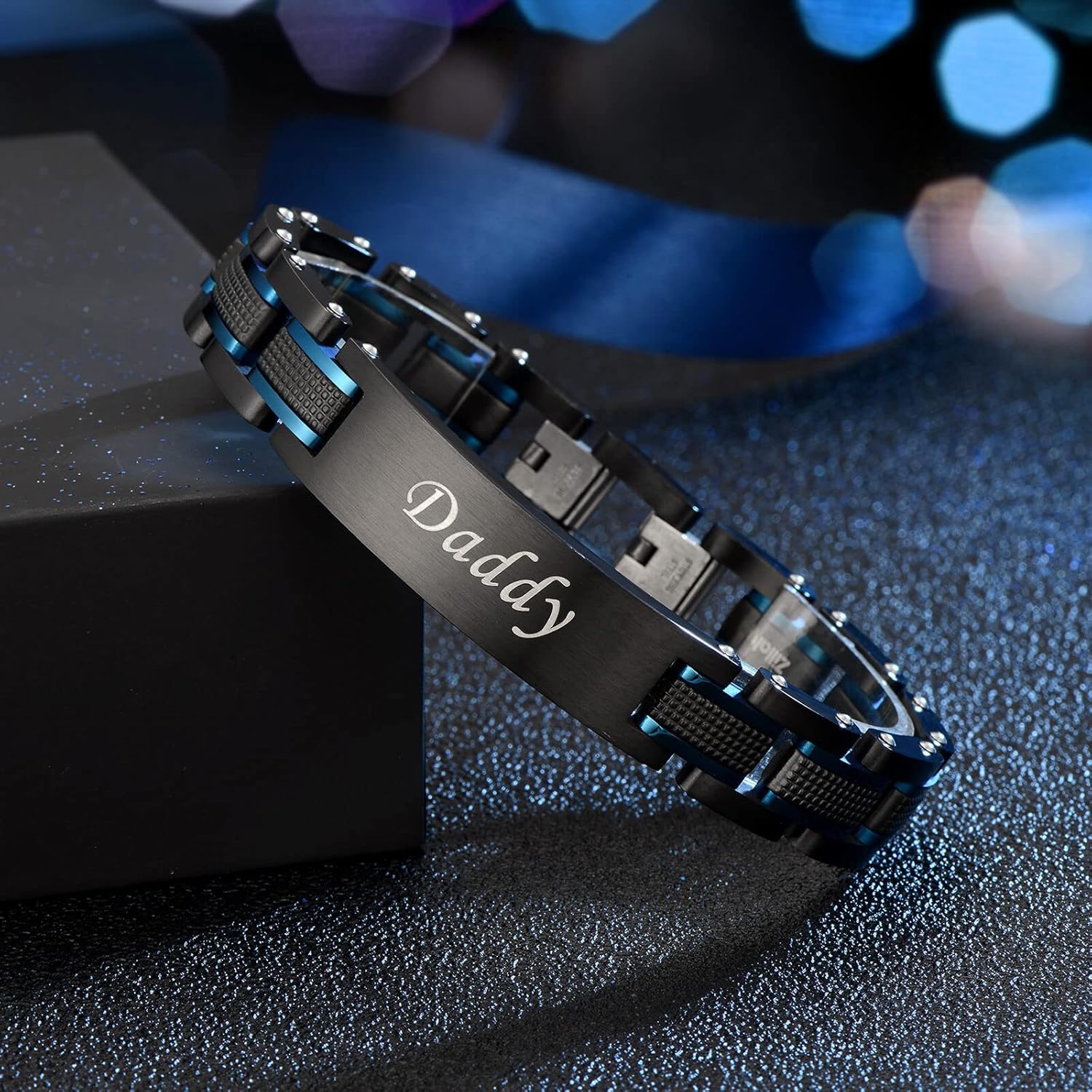 Men's Stainless Steel Two-Tone Square Link diamond Bracelet in Black & Blue Ion-Plated Black