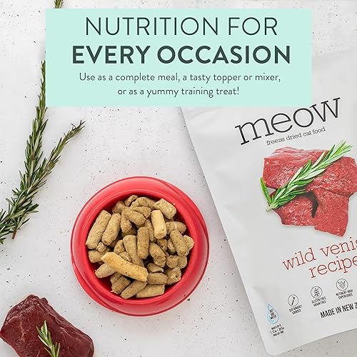 Miniatura 3 de Meow Wild Venison - Alimento crudo liofilizado para gatos, mezclador o aderezo o golosina, receta alta en proteínas, natural y ingredientes