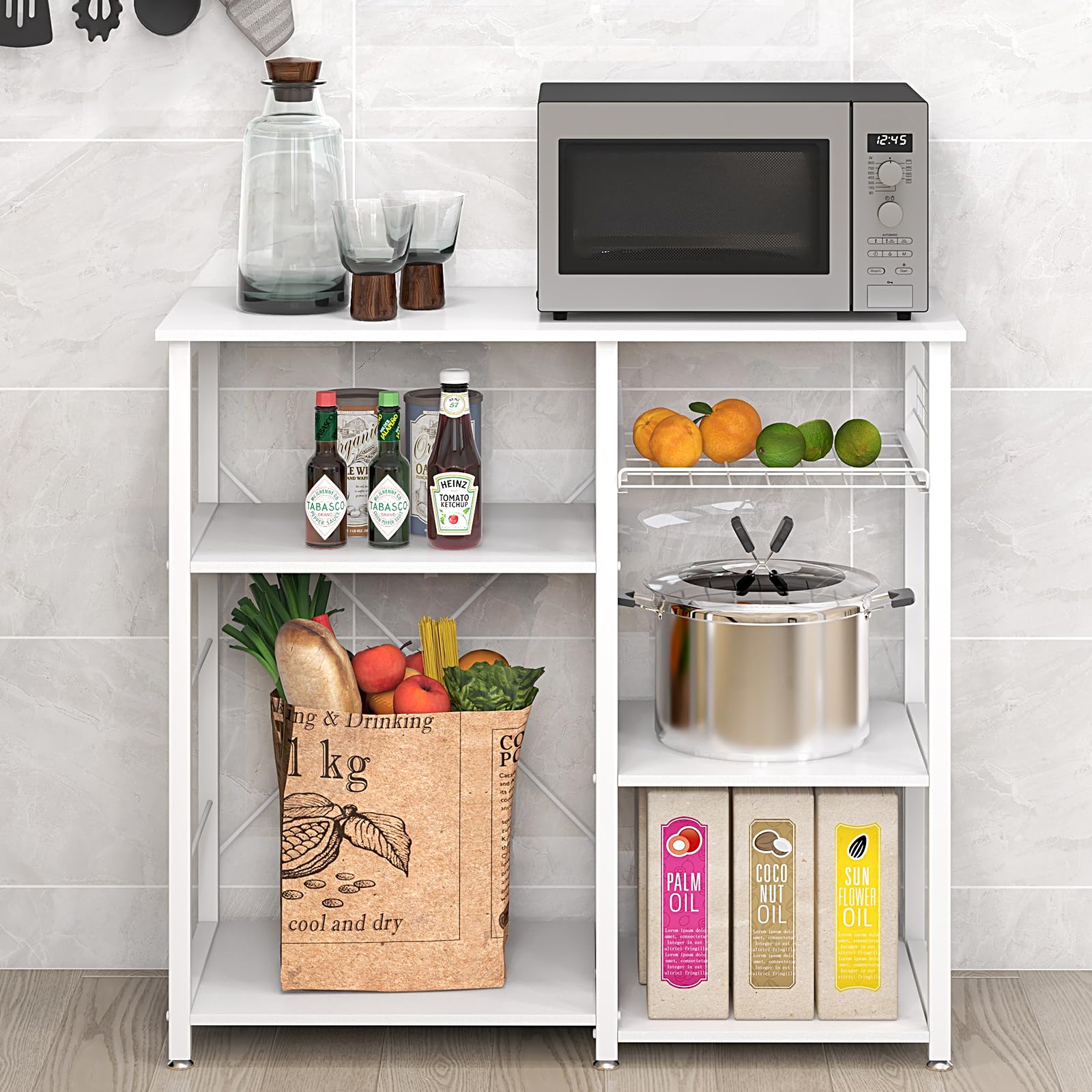 SogesPower Racks de boulangerie pour cuisine avec étagère de rangement et crochets latéraux pour micro-ondes, étagère de rangement à 3 niveaux, cuisine, salon et couloir