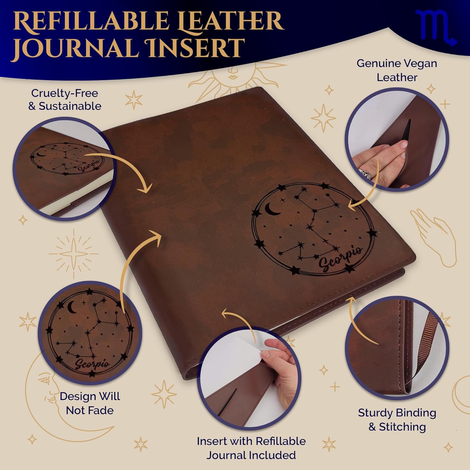 Scorpio Leather Journal - 300 Lined Refillable Pages with Laser Engraved Vegan Leather Cover