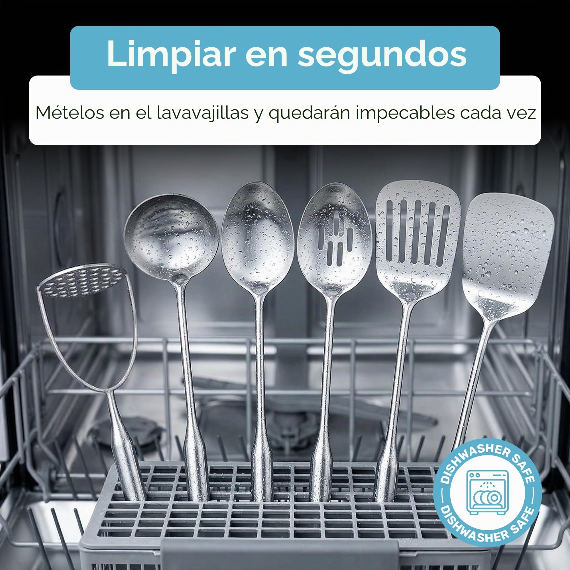 Millvado Juego de utensilios de acero inoxidable: juego de 6 utensilios de cocina para cocinar y servir, cuchara sólida, cuchara ranurada, espátula sólida, espátula ranurada, cucharón de sopa,