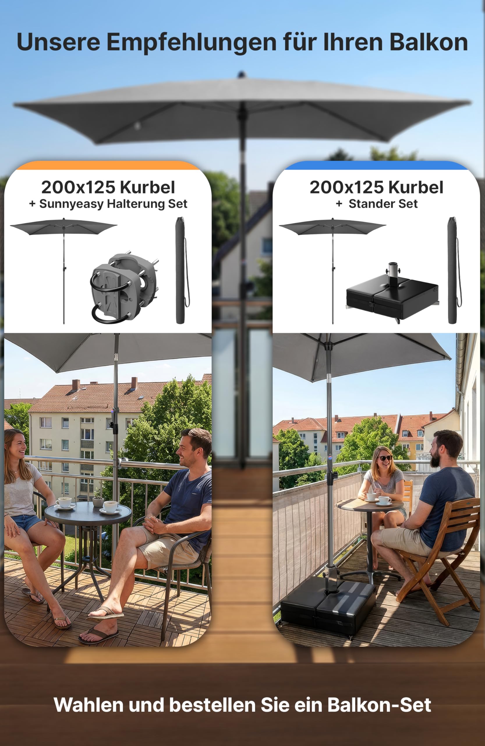 4smile Sonnenschirm Balkon mit Kurbel, Balkonschirm mit Schutzhülle, Sonnenschirm rechteckig 200x125 cm, Sonnenschutz Balkon mit UV 50+, knickbar und höhenverstellbar, Anthrazit