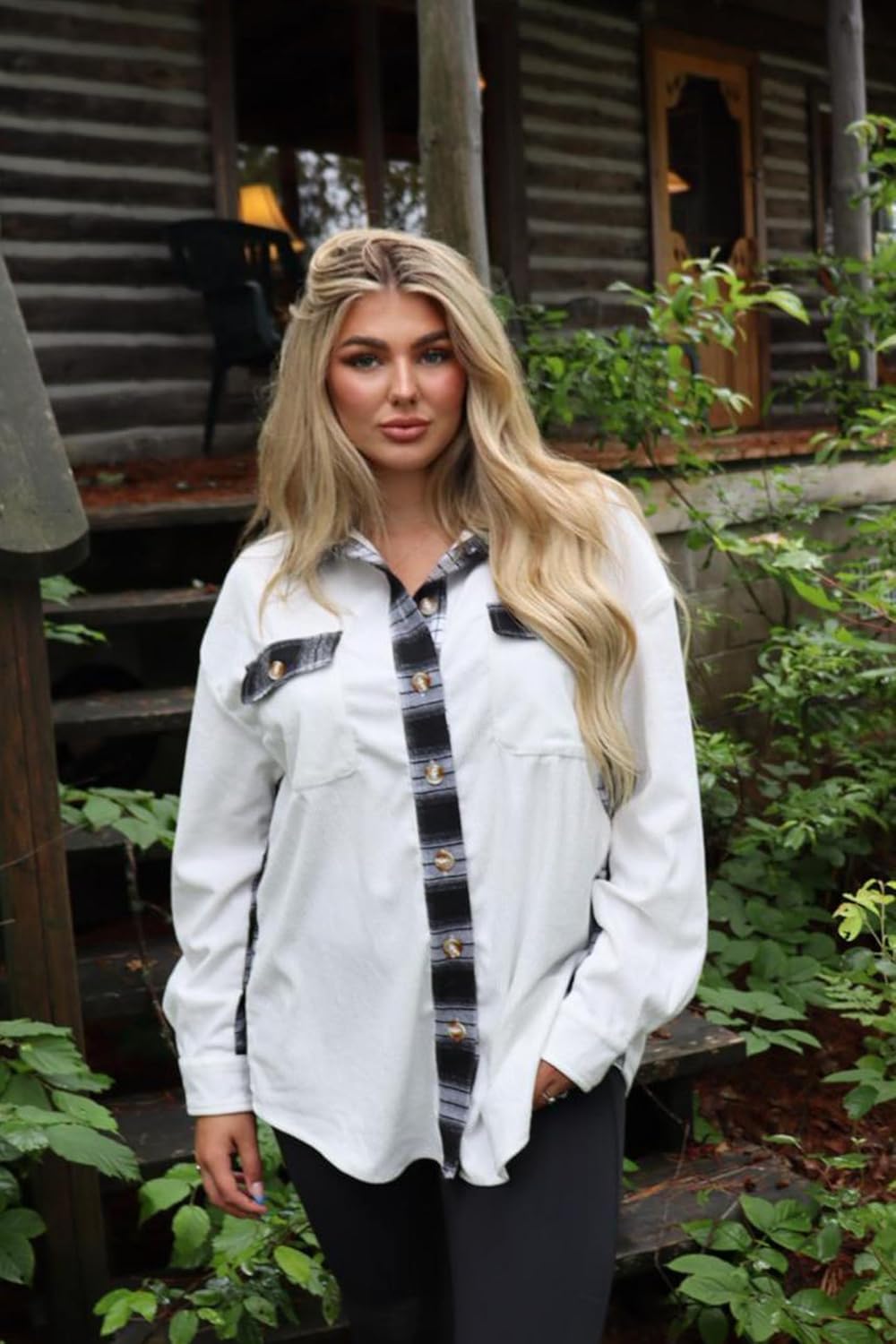 IN'VOLAND Womens Plus Size Corduroy Shacket Jacket Plaid Button Down Shirts Boyfriend Casual Long Sleeves Blouses Tops - Image 3