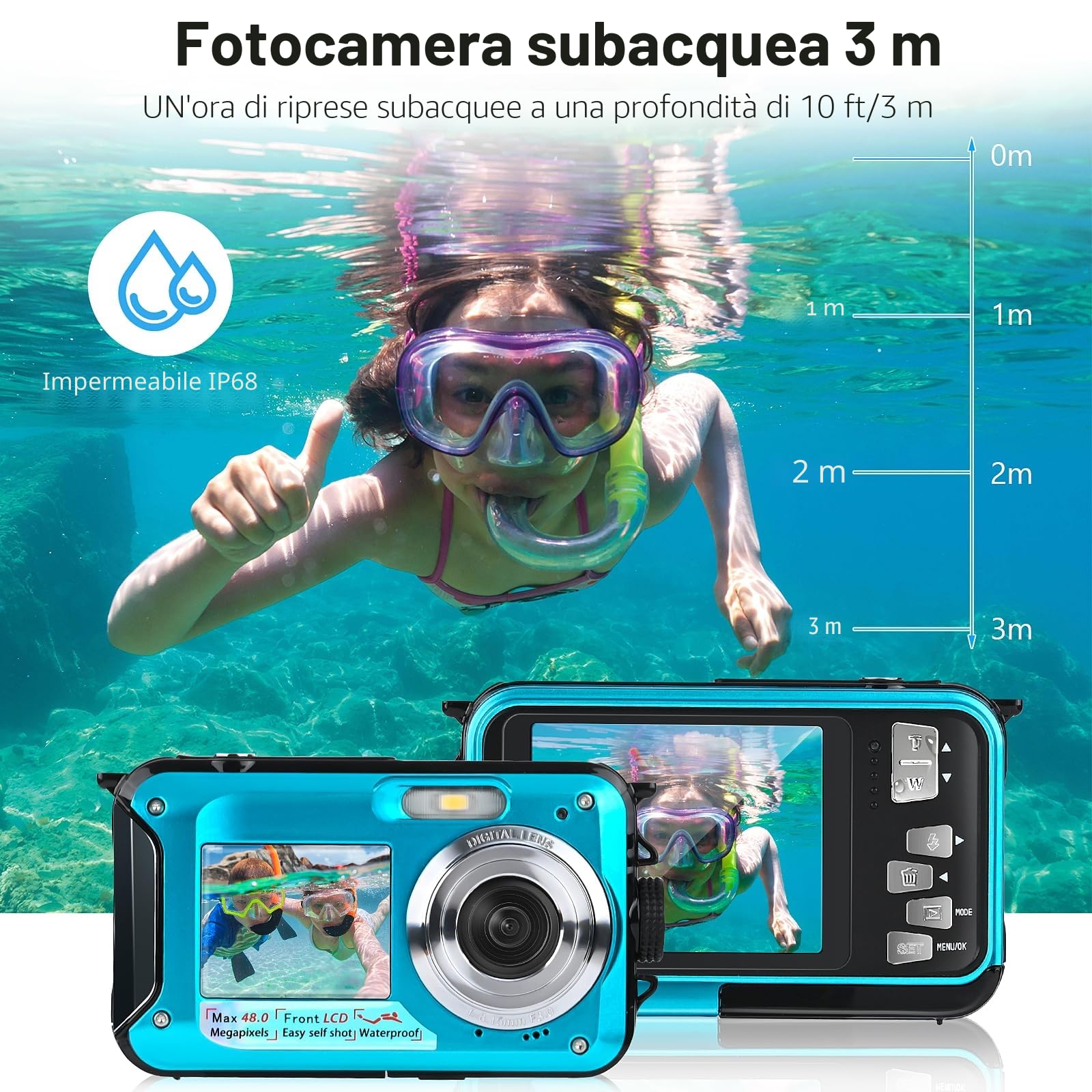 Macchina Fotografica Subcquea, Comius Sharp Fotocamera Subacquea Digitale 10FT 30MP Photo FHD Video 16X Digital Zoom con Scheda di Memoria da 32G per Selfie Subacquei, Nuoto, Immersione