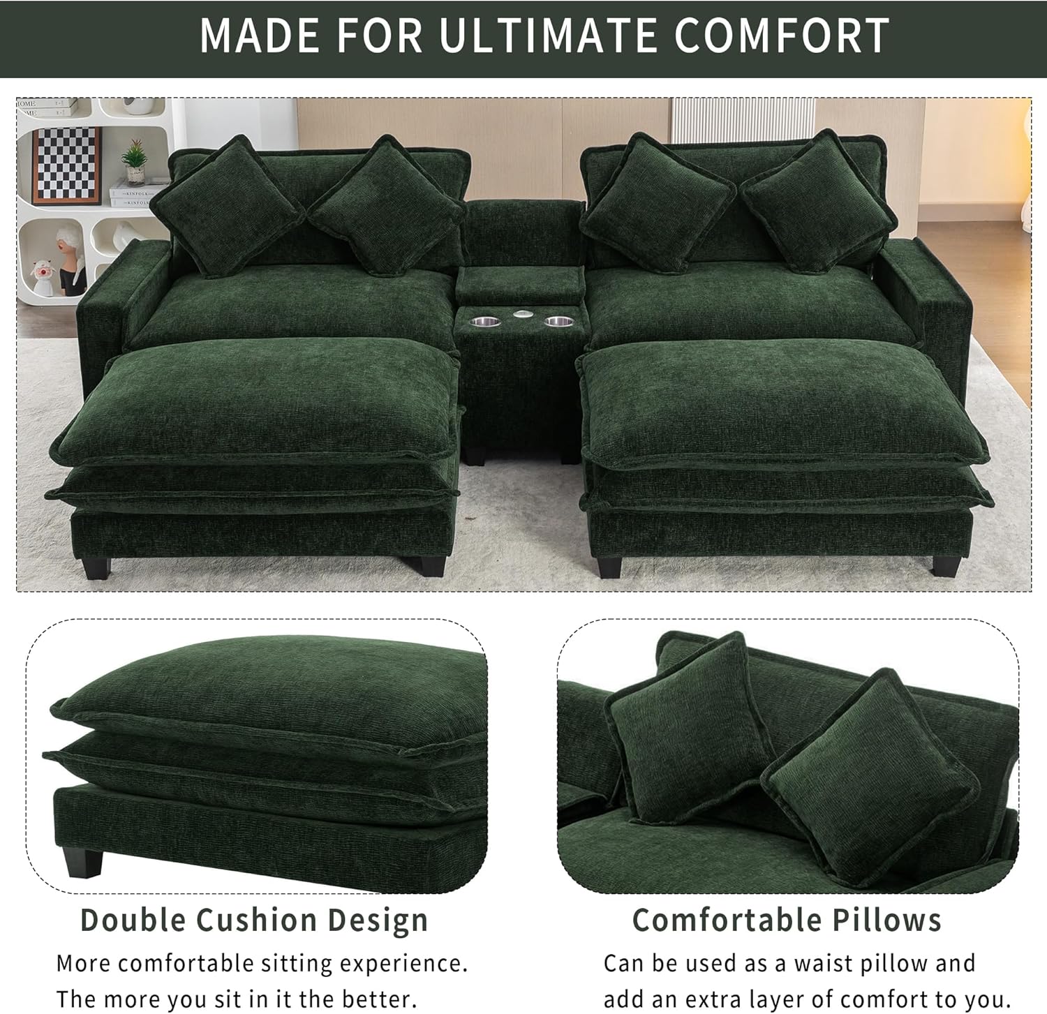 ERYE 111-Inch Oversized Loveseat Sectional Sofa with Removable Storage Console and Ottomans, Chenille Upholstered Recliner Chaises Sofa Couch W/USB Ports and Cupholders
