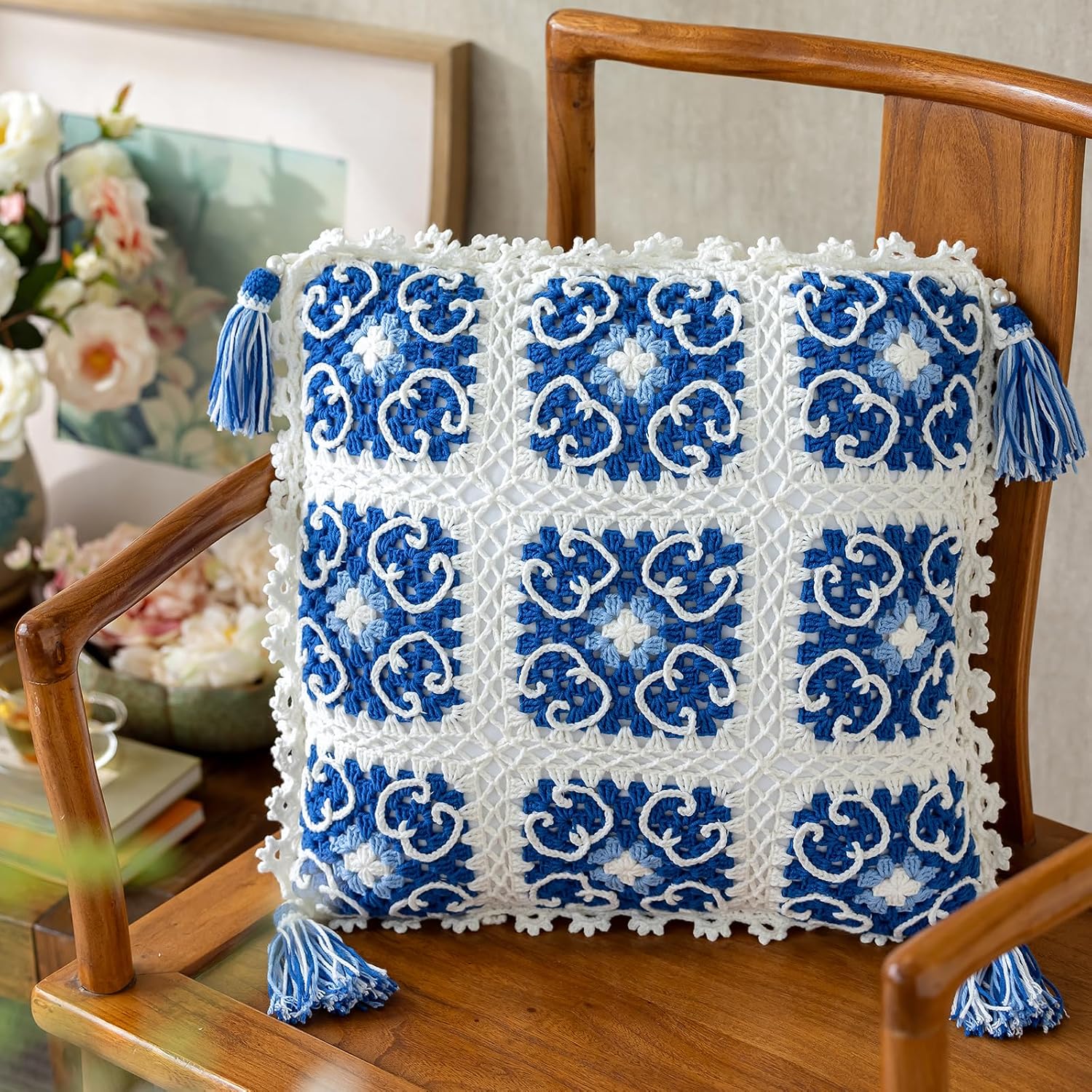 Susan's Family Crochet Kit for Beginners, Crochet Rolling Into Ruyi Pillow Case Kit, Starter Easy Learn w Pattern & Video Tutorials (Dark Blue)
