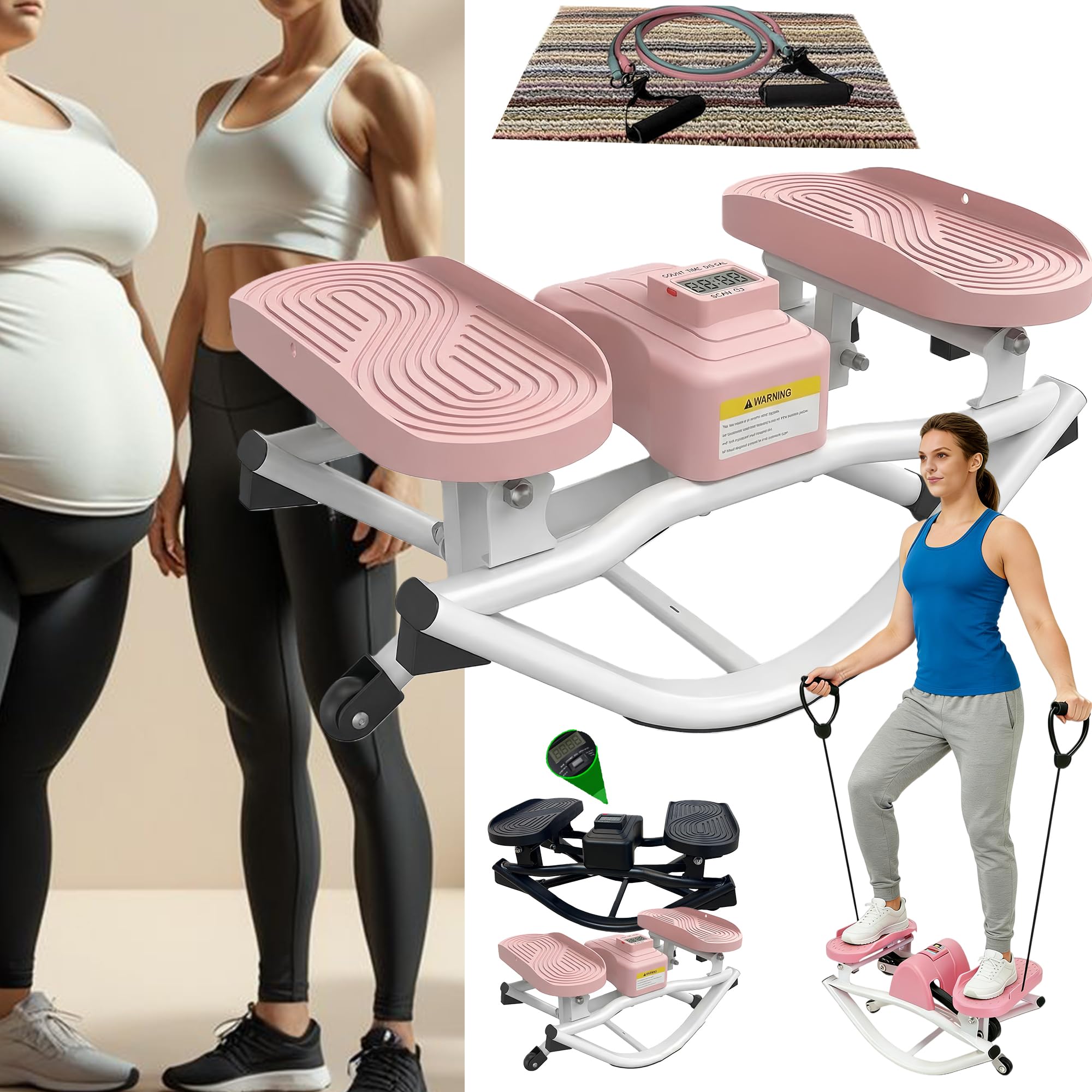 Rocking Stepper Side To Side Rock Stepper Exercise Machine Lhanel With Resistance Bands&Led Display, Low-Impact Home Workout Machine For Knees Joints Legs Body (Pink C, SETS)