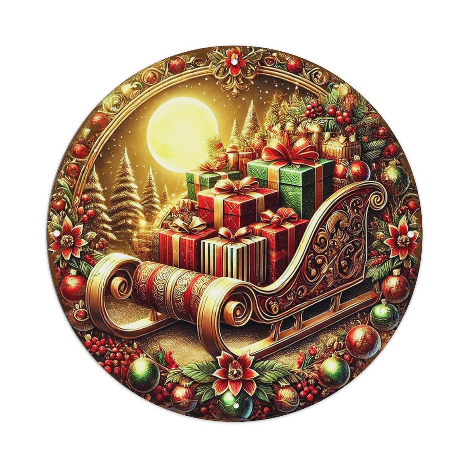 Christmas Sleigh Gift Moon Forest Vintage Round Tin Sign Retro Metal Wall Decor Metal Poster, Home Bar Garage Cafe Wall Art Decoration 8x8Inches