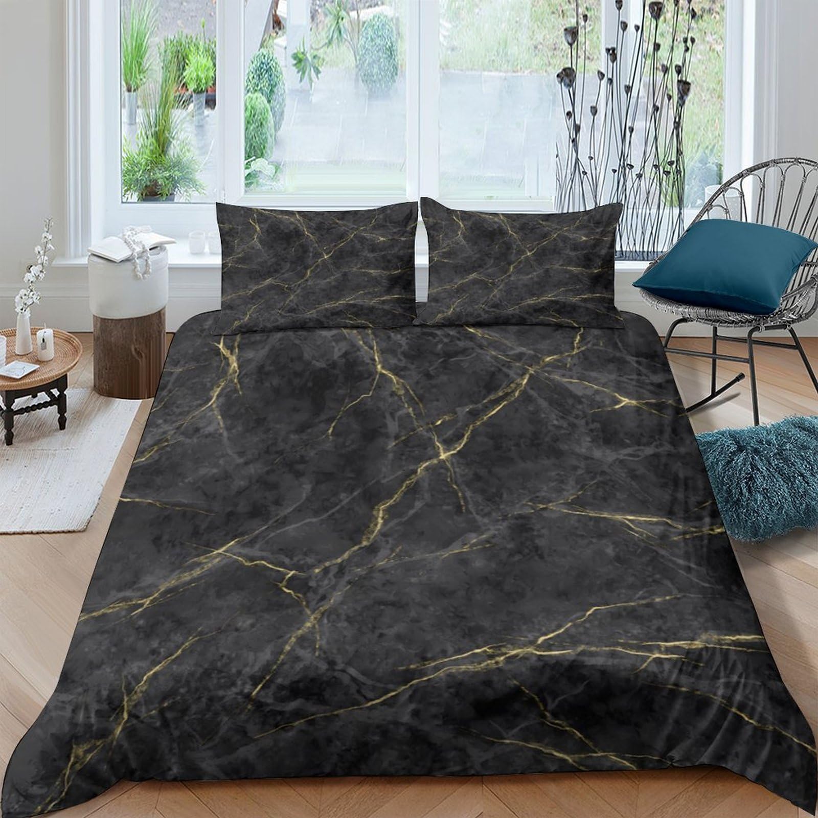 Ctjqhvkz Style-3 3D Printed Black Marble Fitted Sheet Microfiber Soft Gold Vein Bed Sheet For Bedroom Dorm Mattress Protection Decor Single（135X200cm）