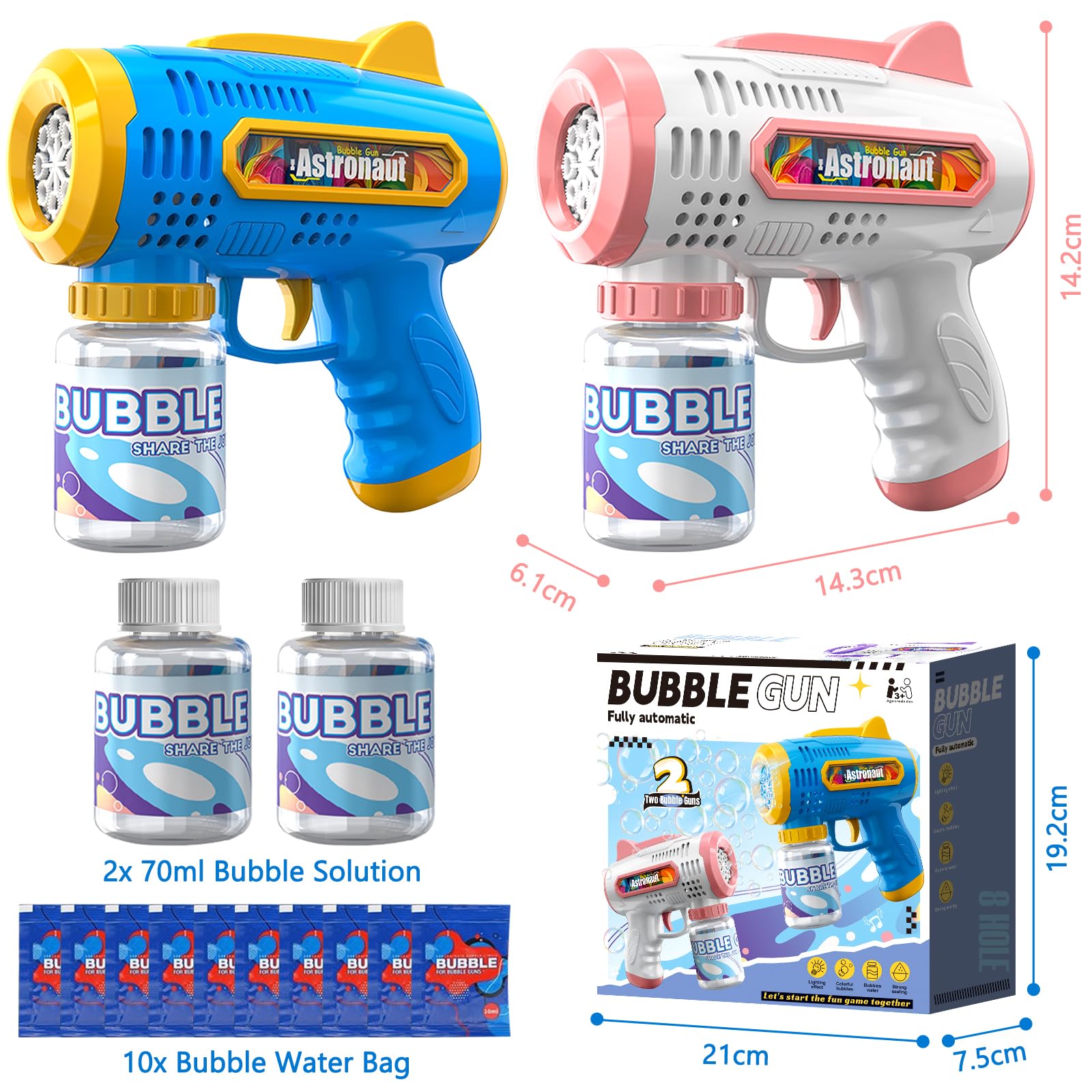 2 Pcs Pistola de Burbujas para Niños, Pistola Burbujas, Pistola de Burbujas Automática, Pistola de Pompas de Jabon, con 240ml Solución de Burbujas para Fiesta, Actividad al Aire Libre, Bodas
