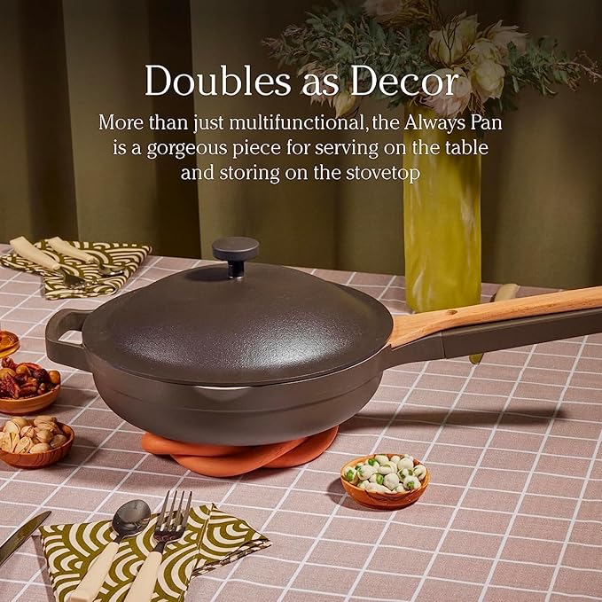 The Our Place Mini Always Pan 2.0 is a versatile piece of cookware designed to meet diverse cooking needs with its compact 22 cm (1.1 L) size. This pan is crafted with a nonstick, toxin-free ceramic coating, making it an ideal choice for healthier cooking without the need for excessive oil or butter. The pan's design supports its function as a 10-in-1 tool, allowing it to replace several pieces in your kitchen with its ability to sauté, fry, boil, braise, sear, and more.