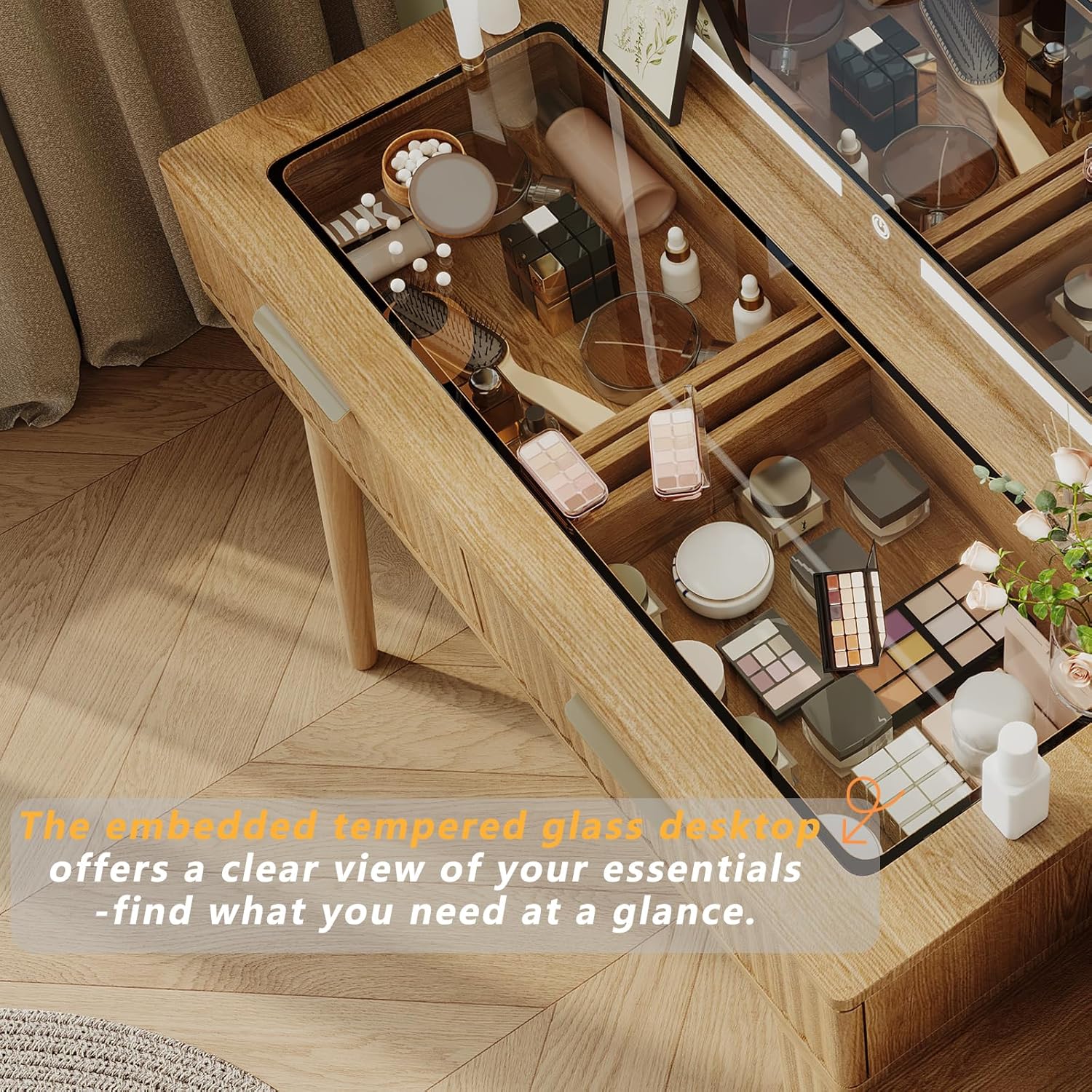 Fluted Vanity Desk with 36" LED Mirror, 48" Modern Makeup Table with Charging Station, Glass Door Display Cabinet & Tempered Glass Top, 5 Drawers and 3-Tier Shelves for Bedroom (Natural Oak)