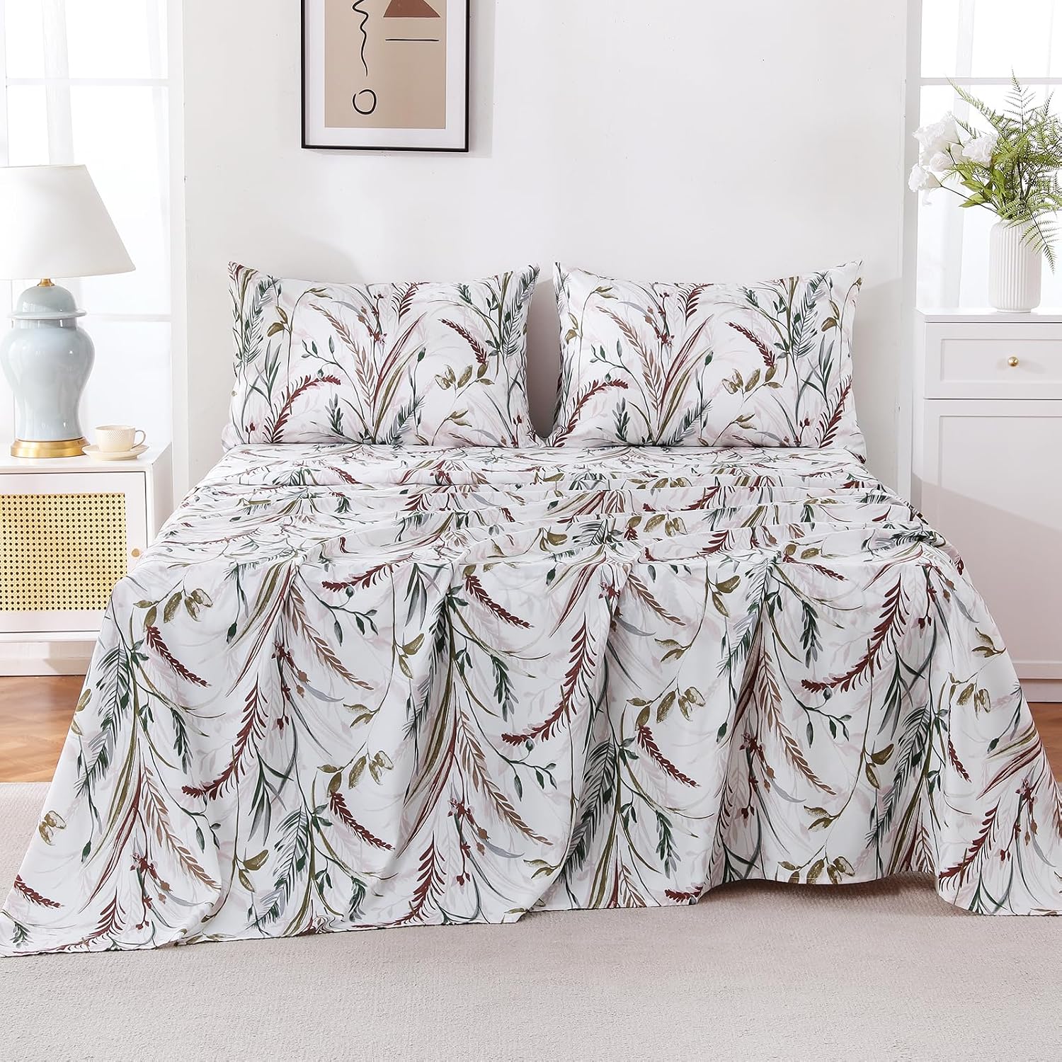 Amazon.com: Bedlifes Floral Pattern Bed Sheet Set Cal King Size, 16 ...