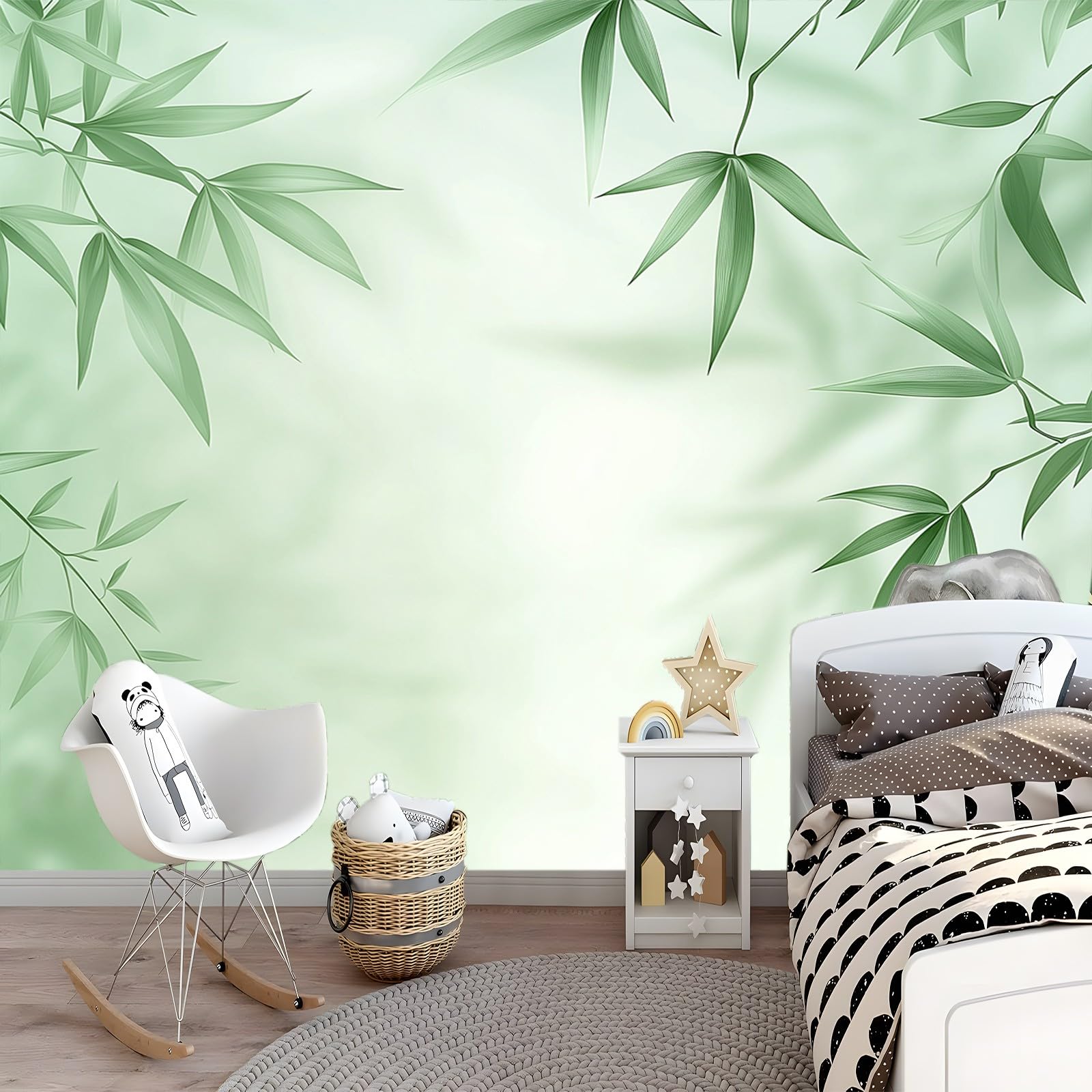 Panoramiczna tapeta Proste liście bambusa zielony biały 300 x 210 cm (szer. x wys.), gigantyczny plakat ścienny 3D nowoczesna tapeta dekoracja ścienna salon sypialnia sypialnia sypialnia biuro tapety