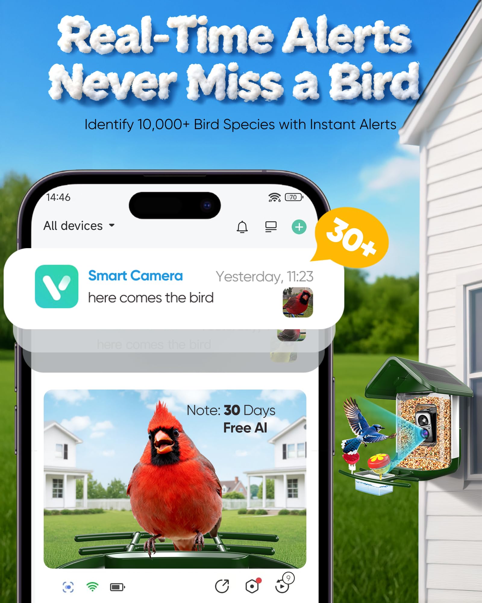 Comedero para pájaros con cámara: alimentador de cámara inteligente para pájaros alimentado por energía solar, alimentación en vivo 2K para patio trasero, identificación de inteligencia