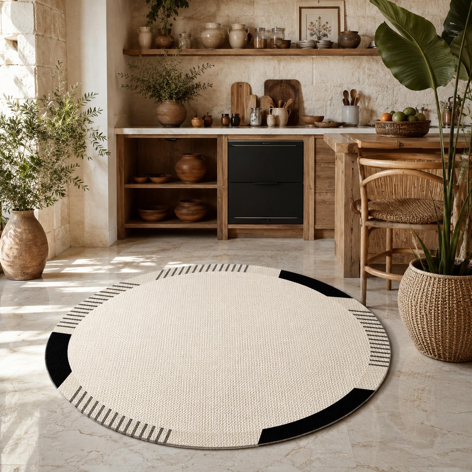 Tapis entrée intérieur rond moderne beige pour un accueil chaleureux et propre