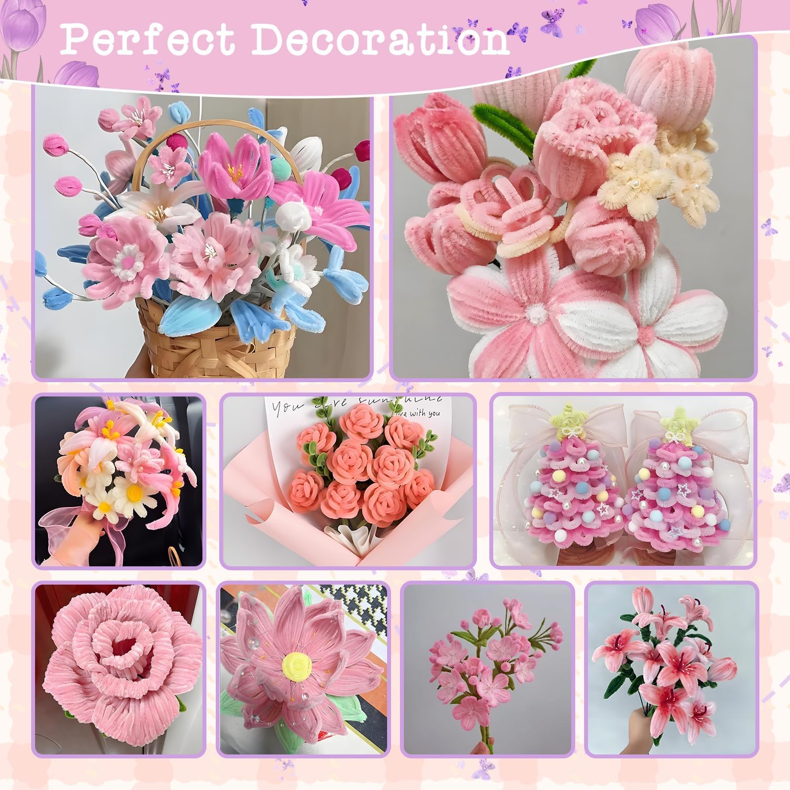 400 szt. Drut szenilowy Wypoczynek Kreatywny Pręt Gąsienicowy-różowy | Kwiaty Cure Rura Gąsienice DIY Cleaners Flower Cukierka do rur dla Diy Craft
