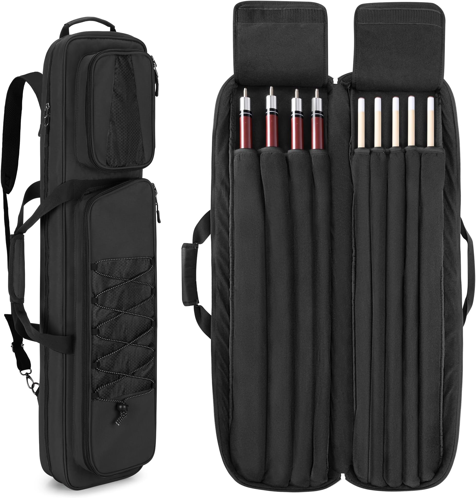GOBUROS 4x5 Pool Cue Case, Billiard Stick Carrying Case Holds 4 Butts and 5 Shafts, Soft Pool Stick Bag with Large Front Accessories Pockets and Shoulder Strap for Easy Carry