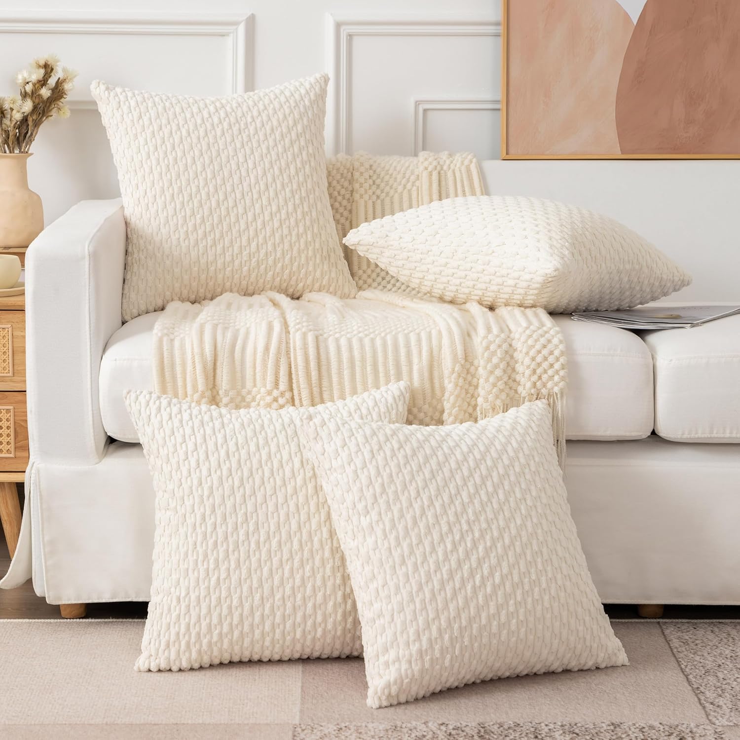 UGASA Soft Corduroy Decorative Pillow Cover 26x26 Inch Boho Striped Throw Pillow Cover Modern Home Decor for Sofa Living Room Couch Bed Cream White, 1 Piece - Image 7