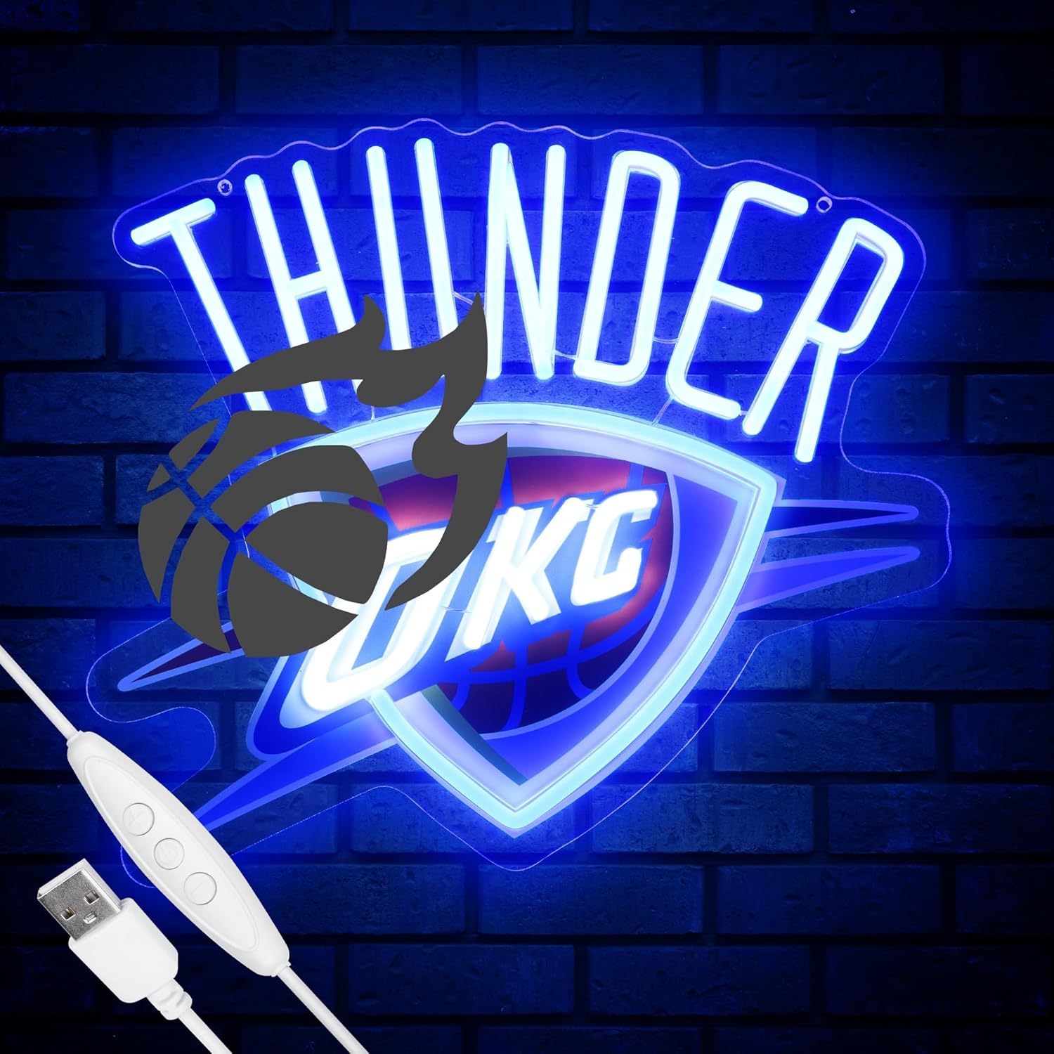 Basketball Team Neon Sign, Sport Light Up Dimmable OKC Basketball Team Logo Hanging USB Powered Led Neon Sign for Wall Decor, Bedroom, Man Cave, Party, Birthday Party Christmas Merch Deco Gift for OKC City Boys Fans (Thunder)