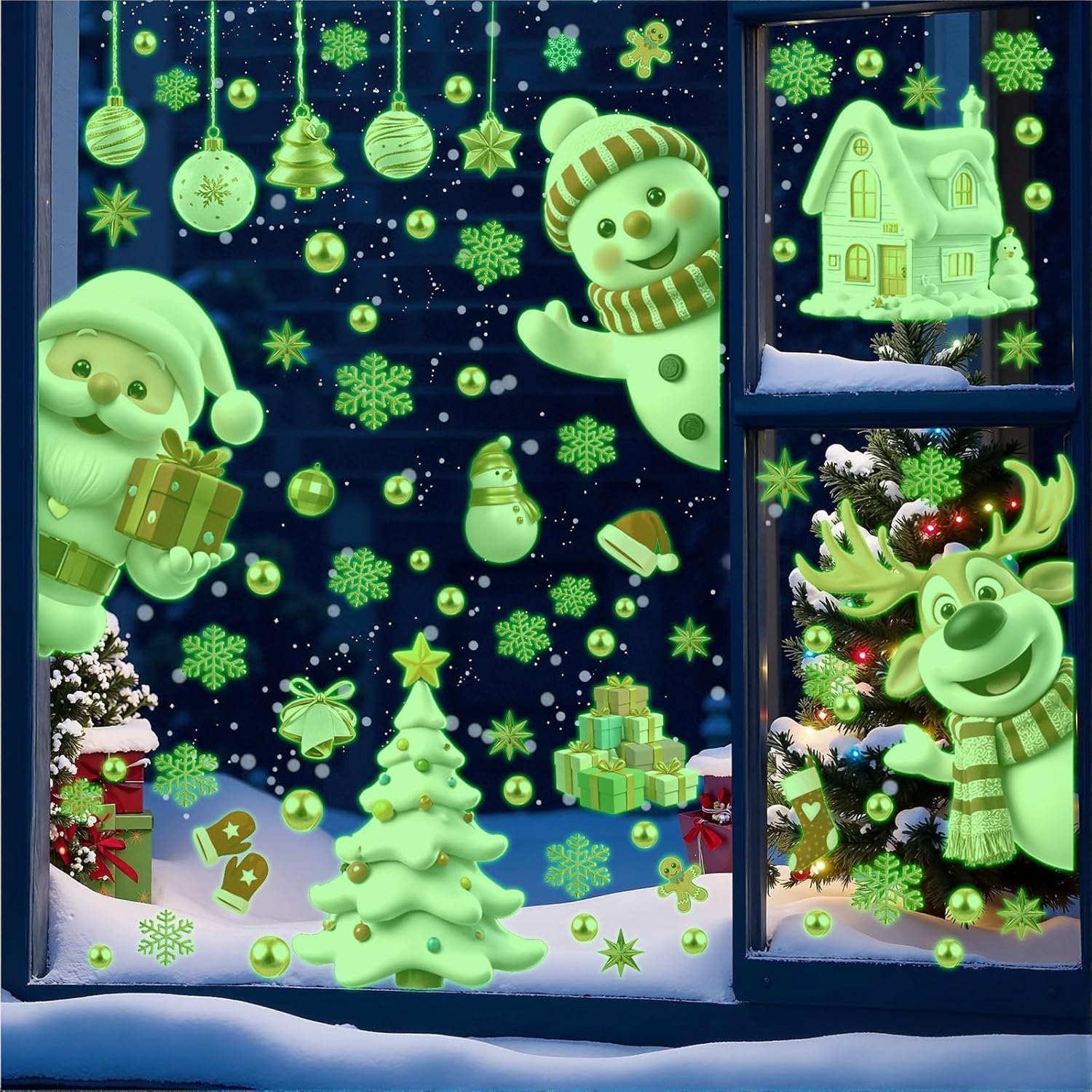 ANHUIB Christmas Luminous Window Sticker Glow in the Dark Christmas Wall Stickers Xmas Luminous Decoration Winter Snowman Window Clings Snowflake Santa Claus Reindeer Wall Decals for Home Party Office
